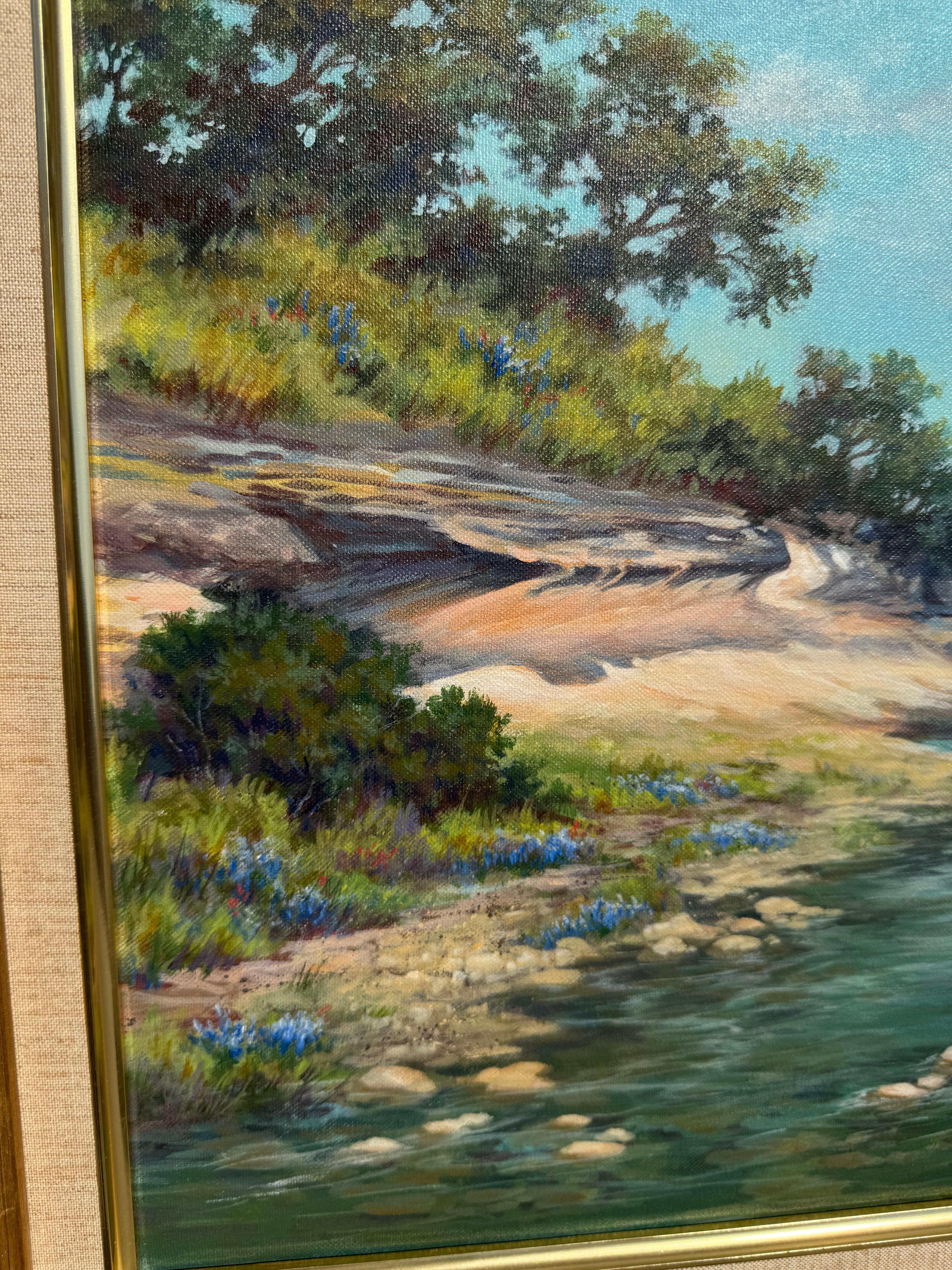 Mrs. Bernice Kluaberg Brown is from the Houston Heights.
It was here tha she attended grade school. She loved toi work in oil paint. This is a painting  of a classic Texas Hill country with bluebonnets.

Image size is 16 x 20.