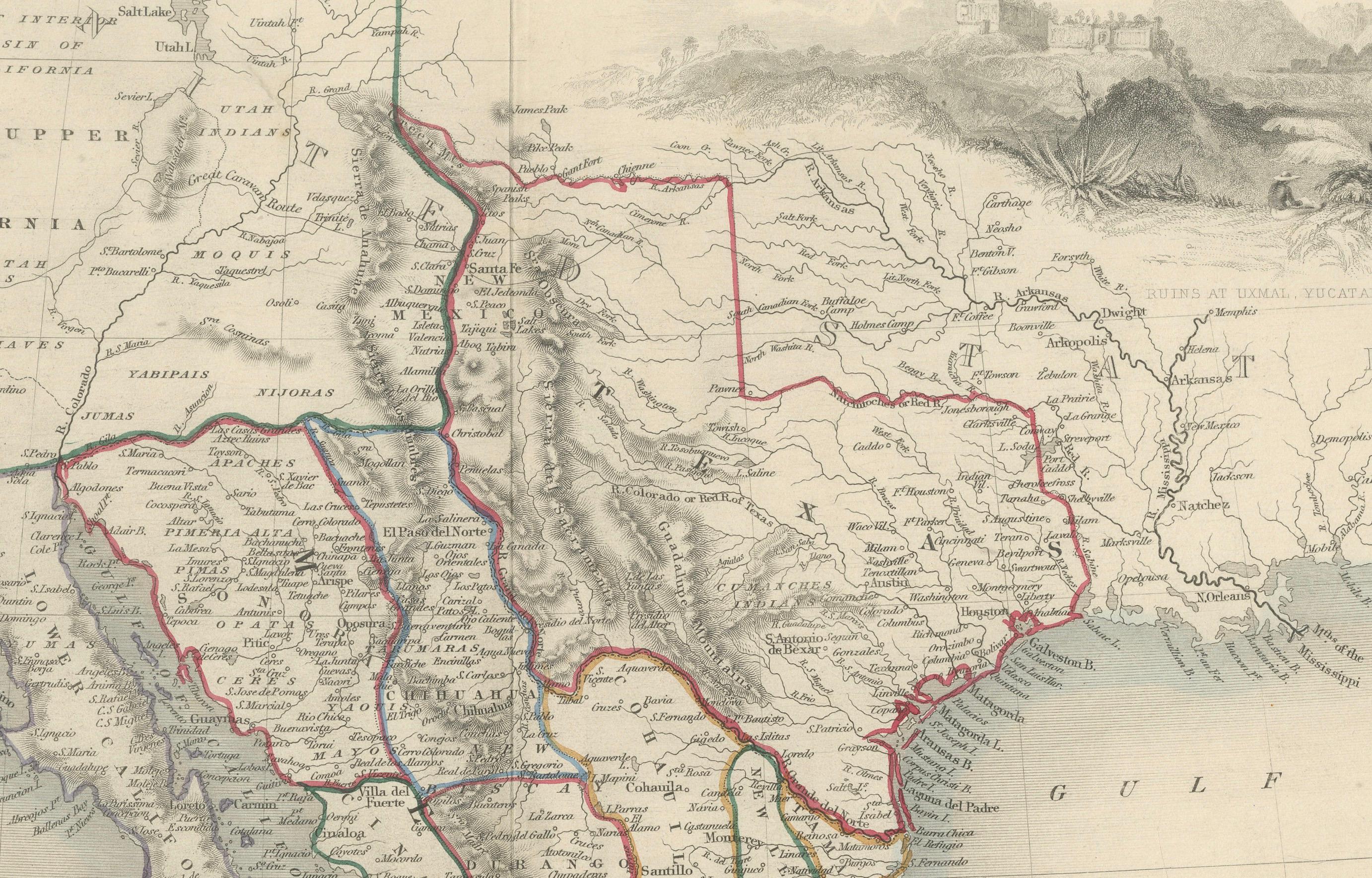 Carte du Texas, de la Californie et du Mexique - Carte ancienne de Tallis avec la région de l'or, c.1850

Cette carte très décorative et riche en histoire, intitulée 