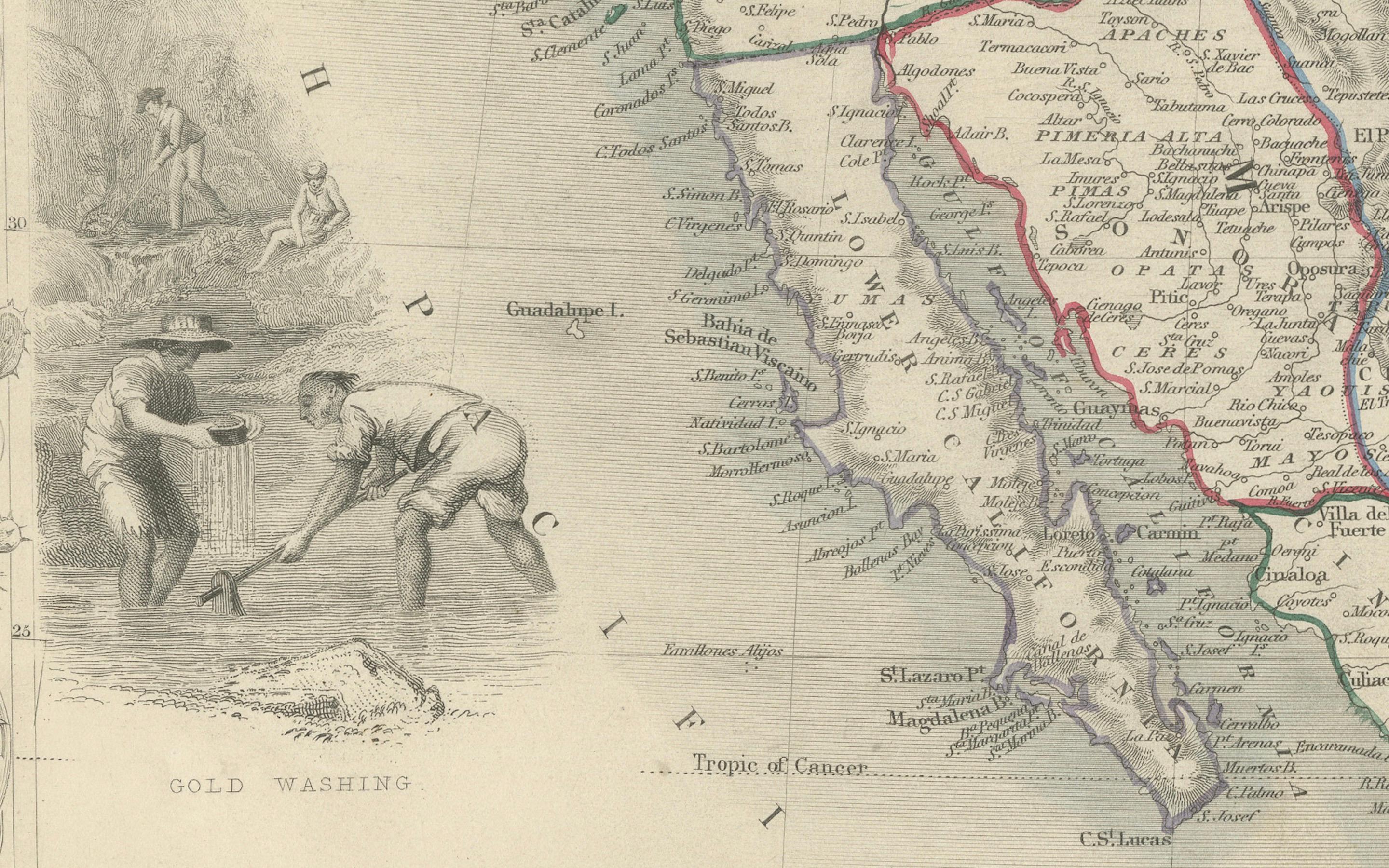 Carte du Texas, de la Californie et du Mexique - Carte ancienne de Tallis avec la région de l'or, c.1850 Bon état - En vente à Langweer, NL