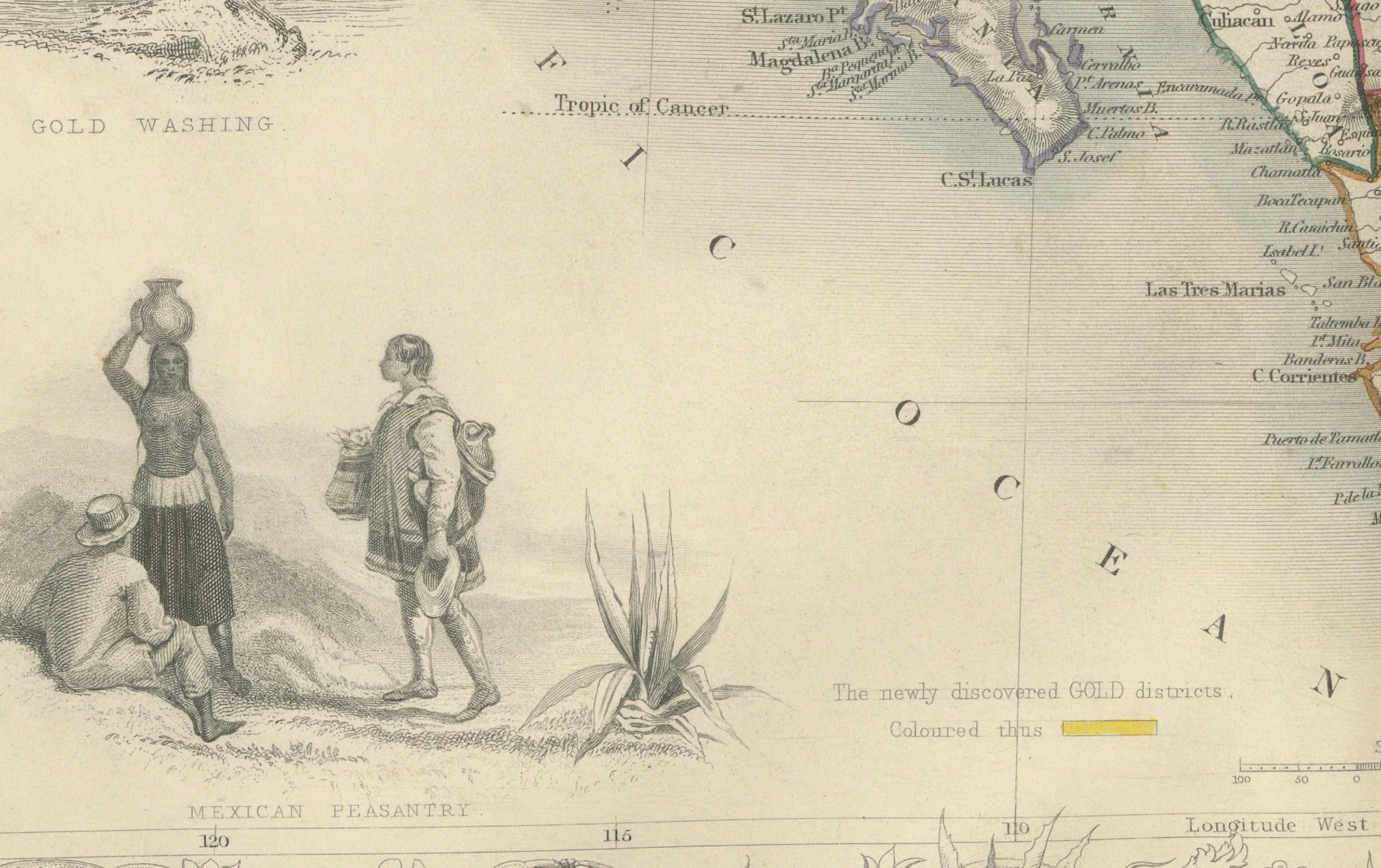 XIXe siècle Carte du Texas, de la Californie et du Mexique - Carte ancienne de Tallis avec la région de l'or, c.1850 en vente