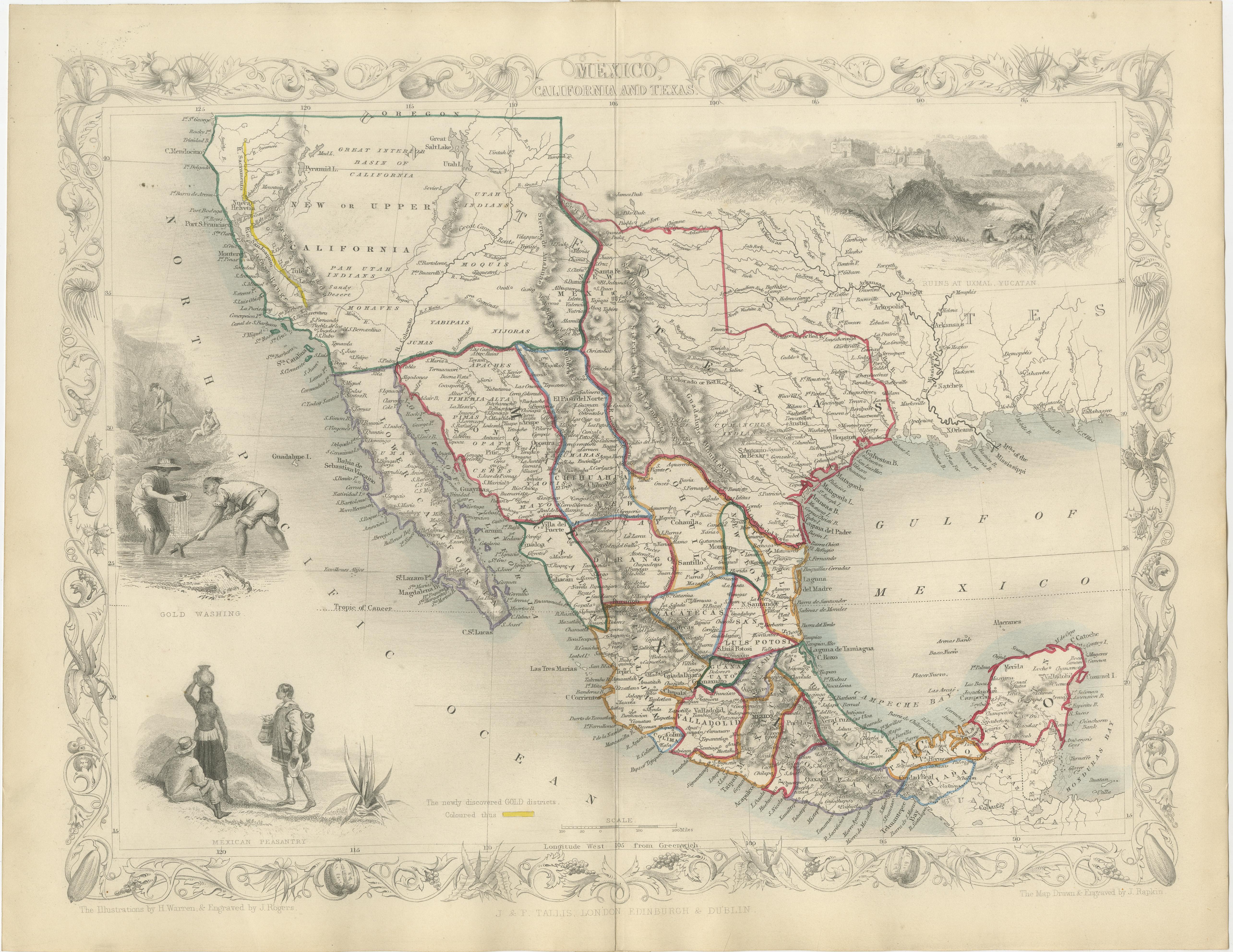 Carte du Texas, de la Californie et du Mexique - Carte ancienne de Tallis avec la région de l'or, c.1850 en vente 2