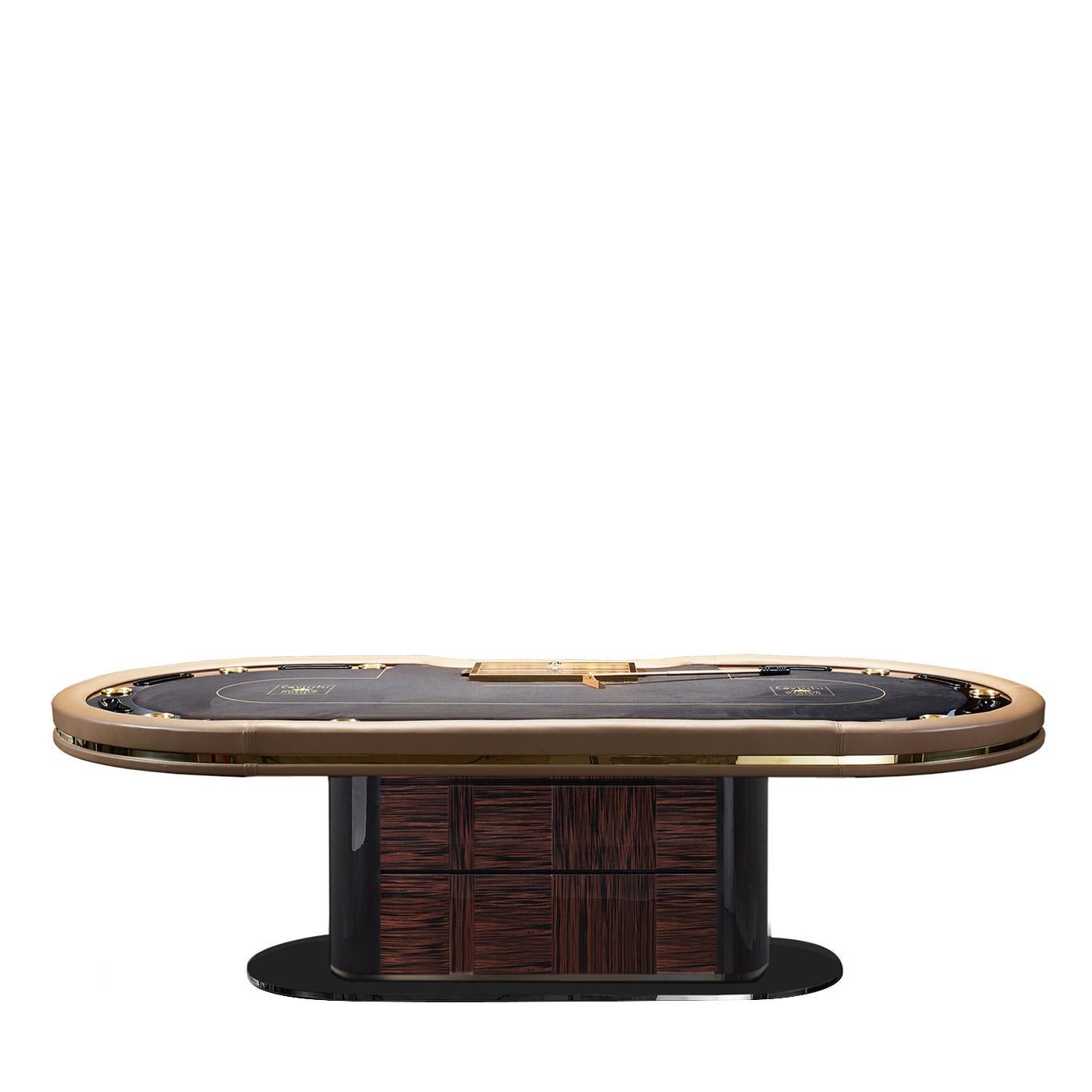 The exclusive Texas Hold'em Moon Poker table by Cavicchi, for up to 10 players, features a surface in Ebony Makassar finish. With deluxe polished brass inserts along the edge and LED lights in the base, it is embellished with velvet and