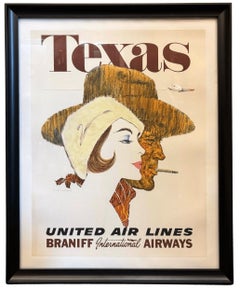 "Texas. United Air Lines. Braniff International Airways" Vintage Travel Poster