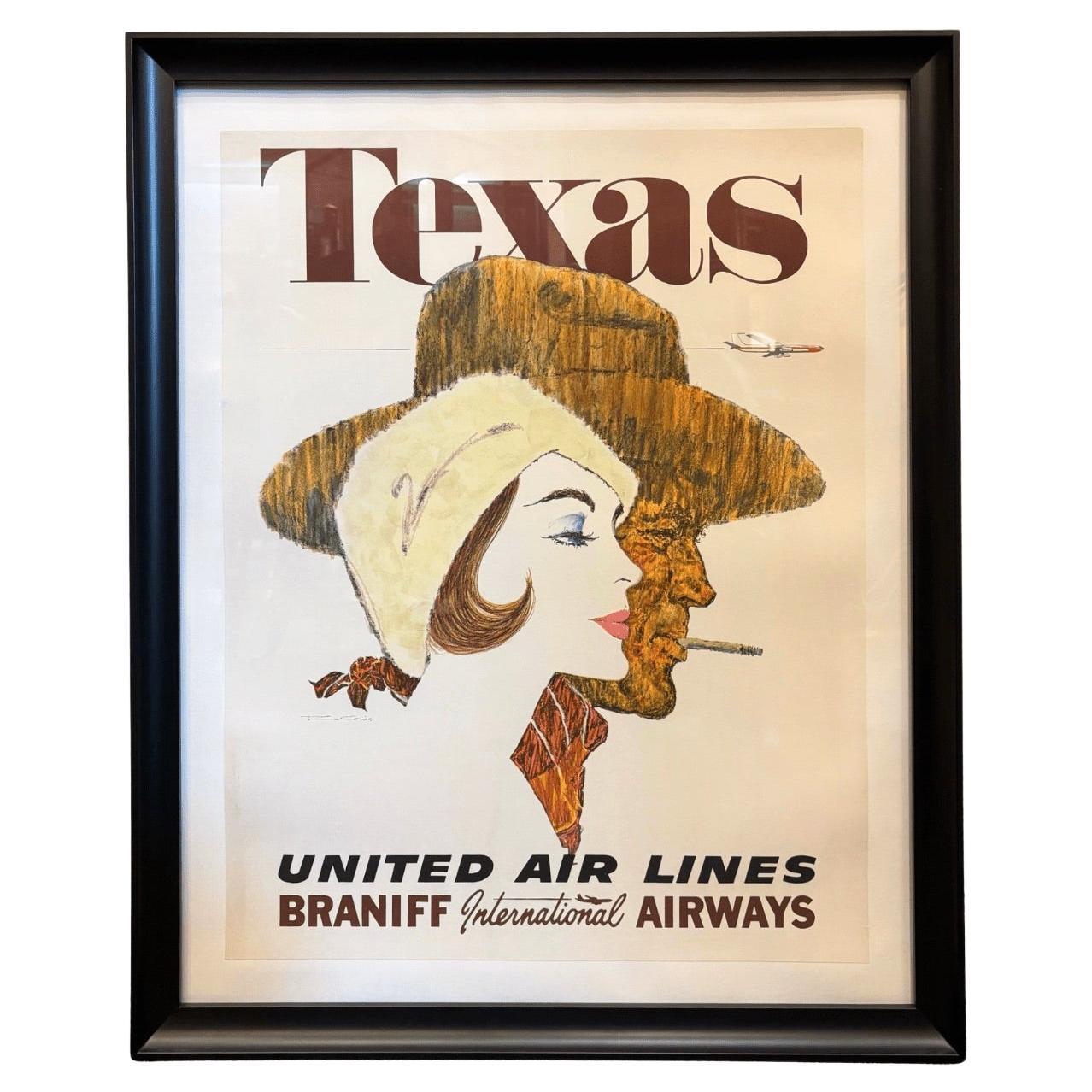 "Texas. United Air Lines Affiche de voyage vintage Braniff International Airways