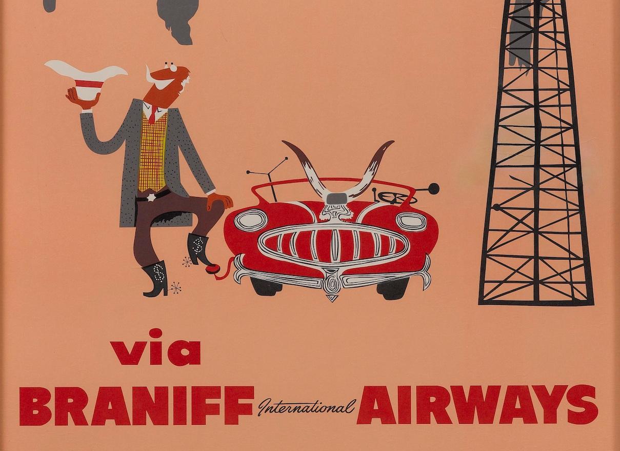 Offered is a vintage poster from the 1950s advertising the Braniff International Airlines. The work depicts Texas as one of Braniff International Airways' alluring travel destinations. The poster features a scene depicting oil spilling out, where a