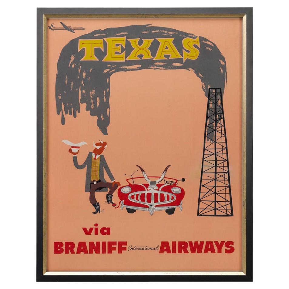 "Texas via Braniff International Airways" Vintage Travel Poster, circa 1950s