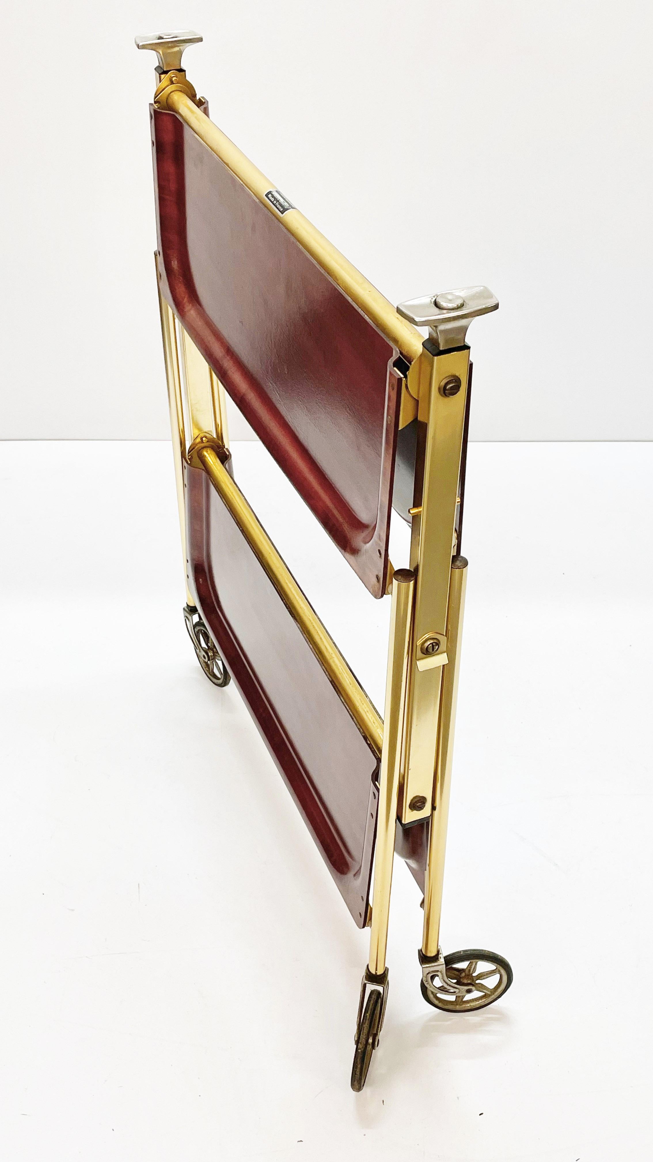 Textable Midcentury Foldable Trolley Wood and Golden Aluminium Bar Cart 1950 For Sale 4