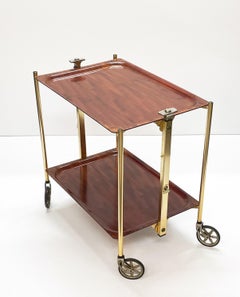 Textable Midcentury Foldable Trolley Wood and Golden Aluminium Bar Cart 1950