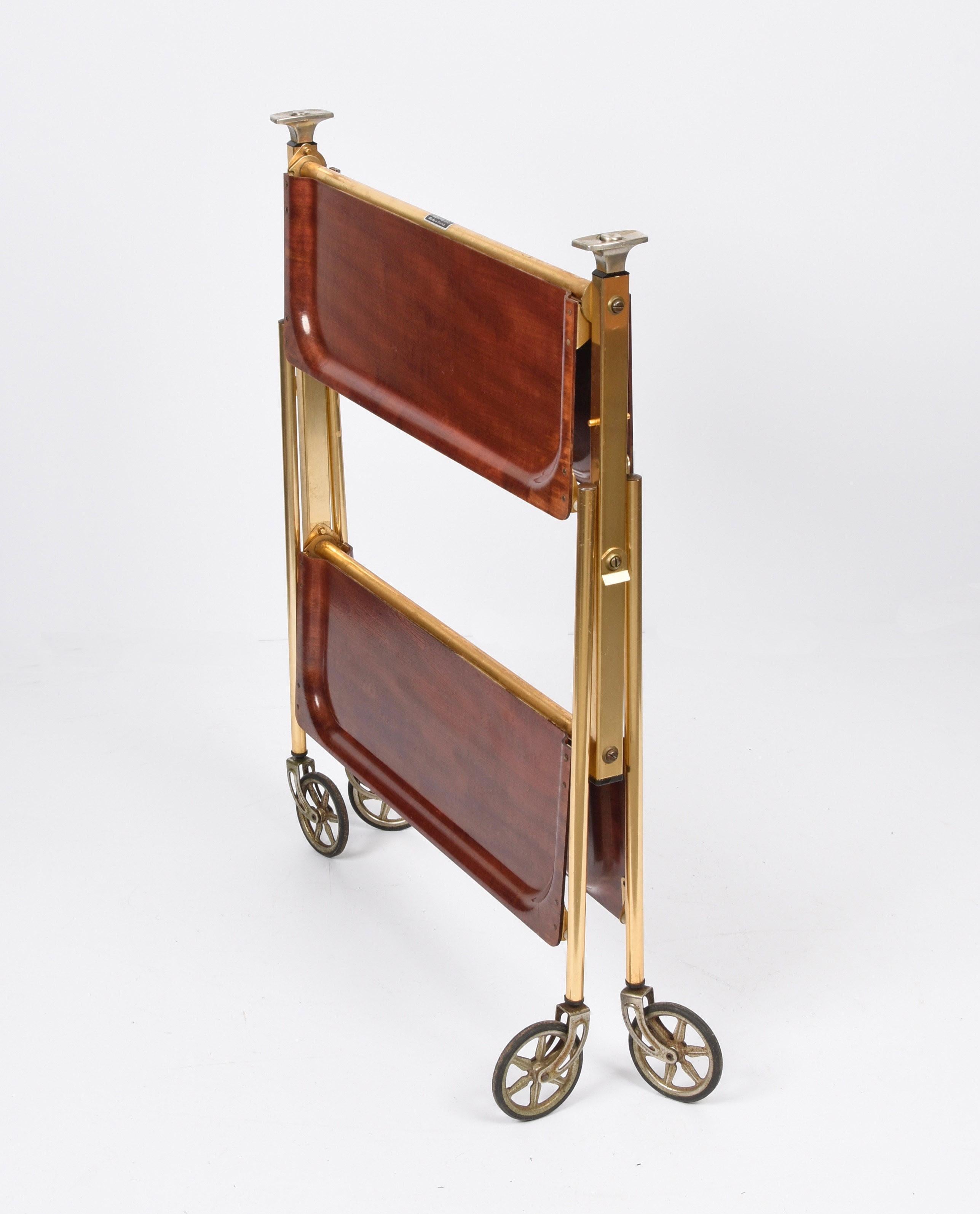 Anodized Textable Midcentury Foldable Trolley Wood and Golden Aluminium Bar Cart 1950 For Sale