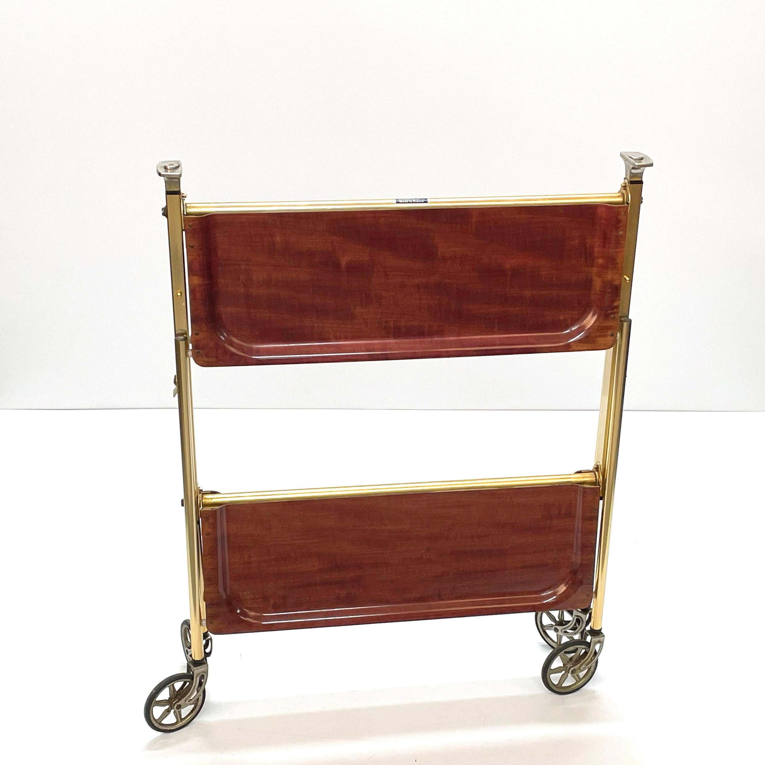 Laminate Textable Midcentury Foldable Trolley Wood and Golden Aluminium Bar Cart 1950 For Sale