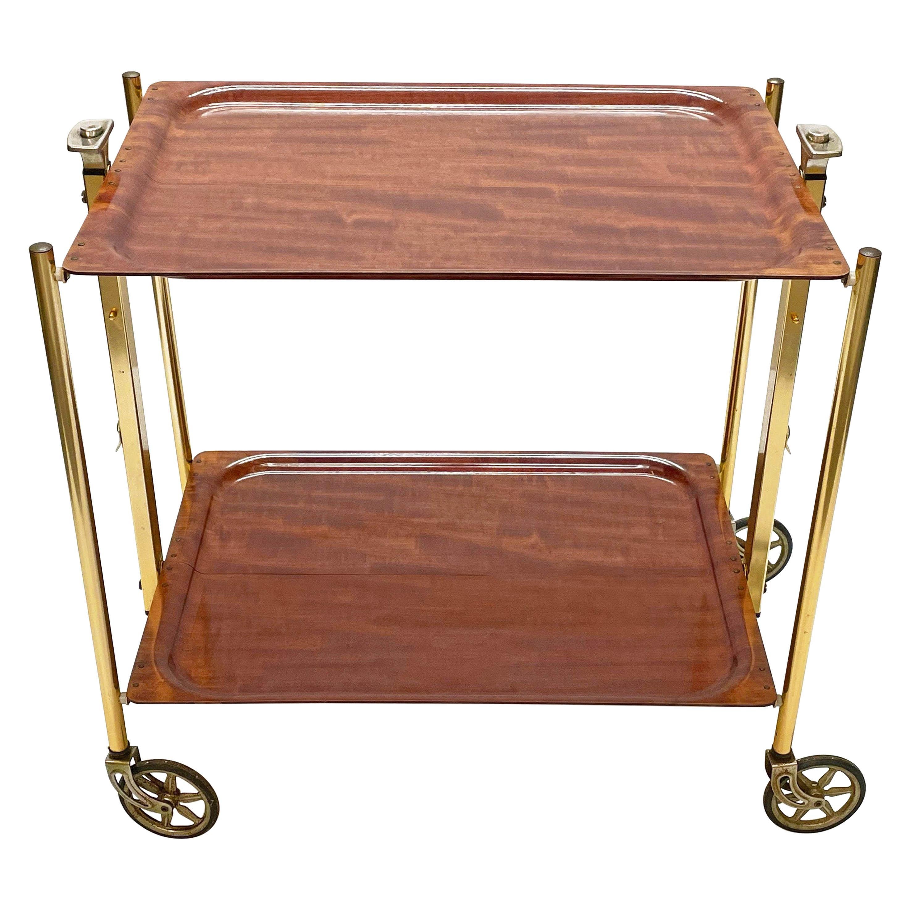 Textable Midcentury Foldable Trolley Wood and Golden Aluminium Bar Cart 1950