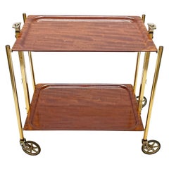 Retro Textable Midcentury Foldable Trolley Wood and Golden Aluminium Bar Cart 1950