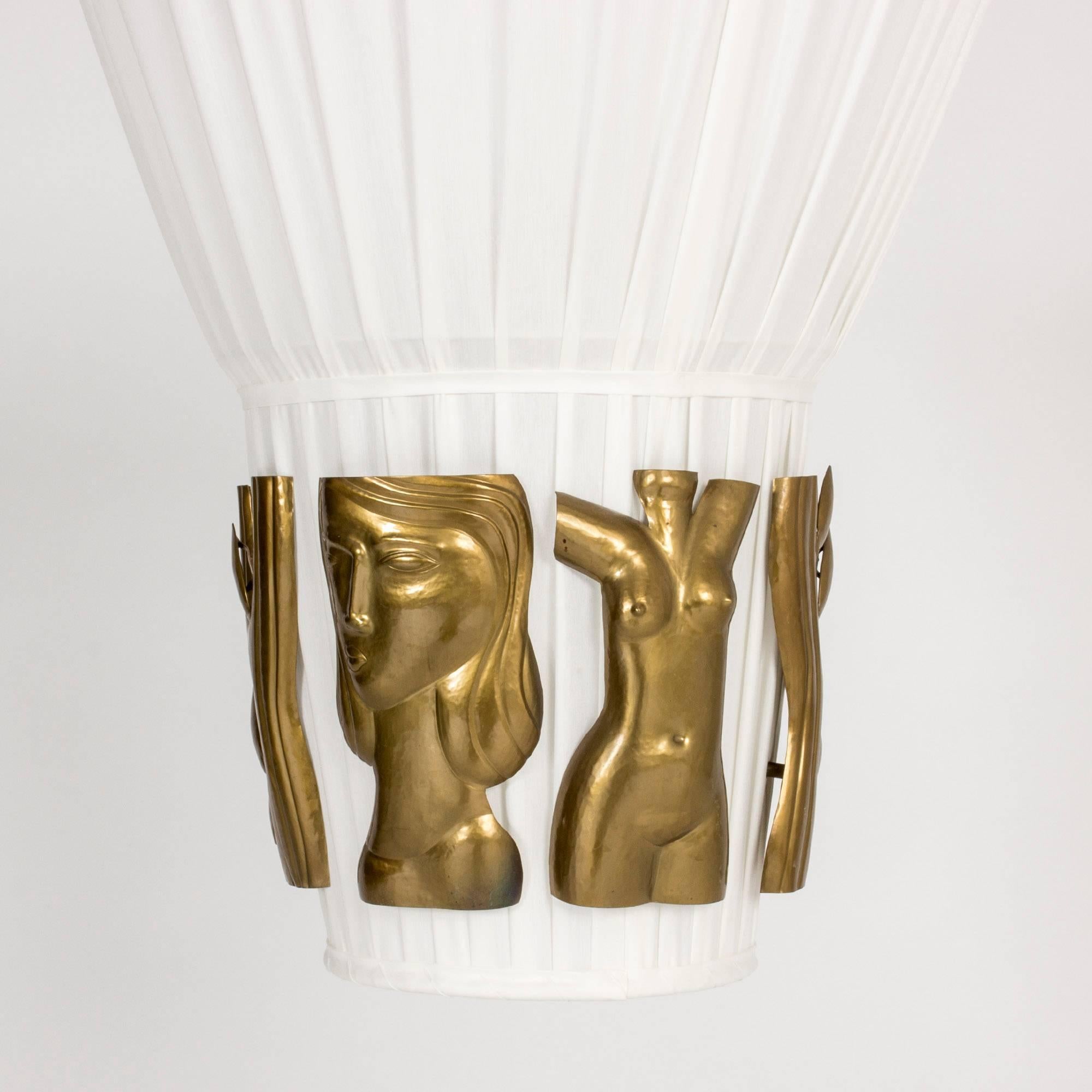 Textile and Brass Ceiling Lamp by Hans Bergström (Skandinavische Moderne)