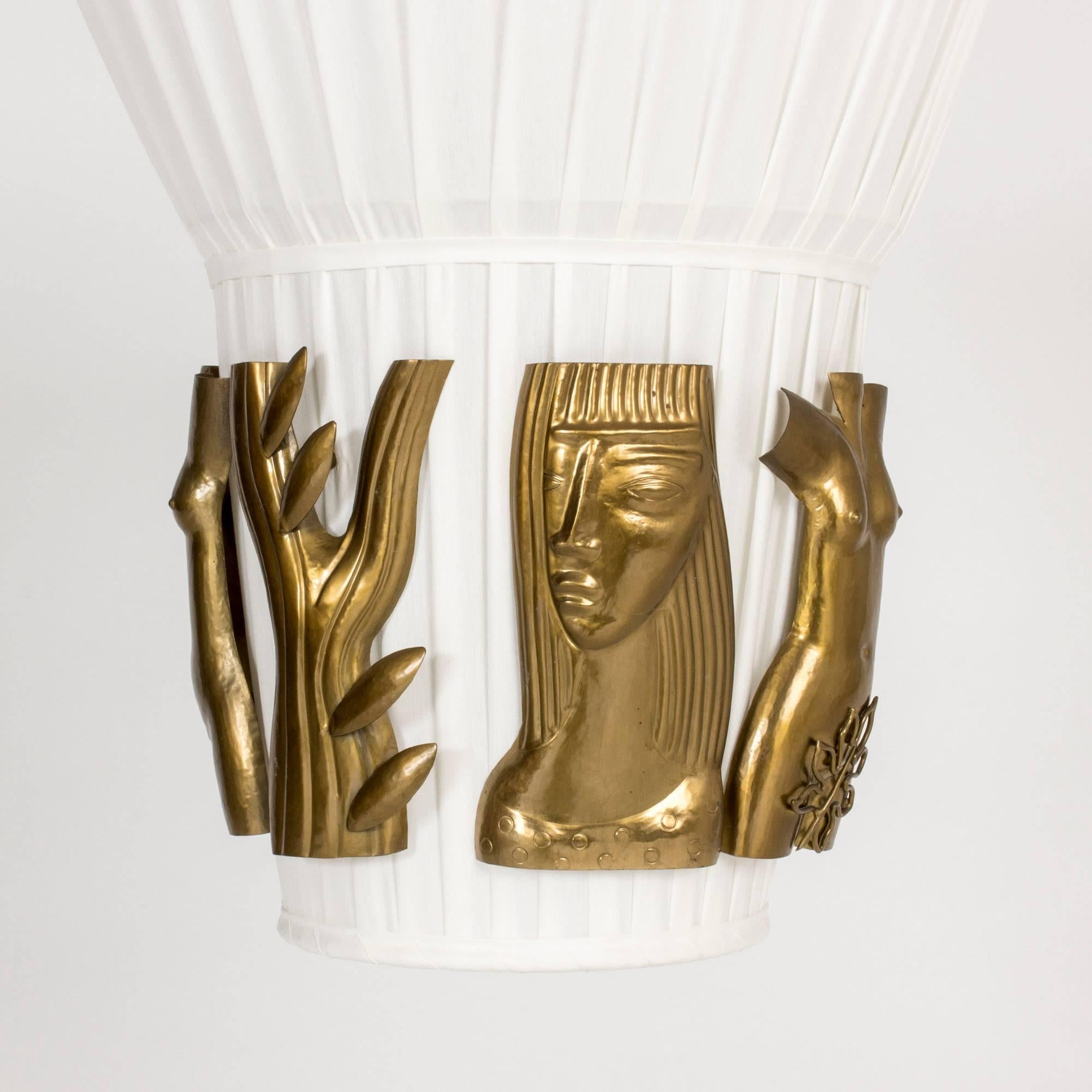 Textile and Brass Ceiling Lamp by Hans Bergström (Mitte des 20. Jahrhunderts)