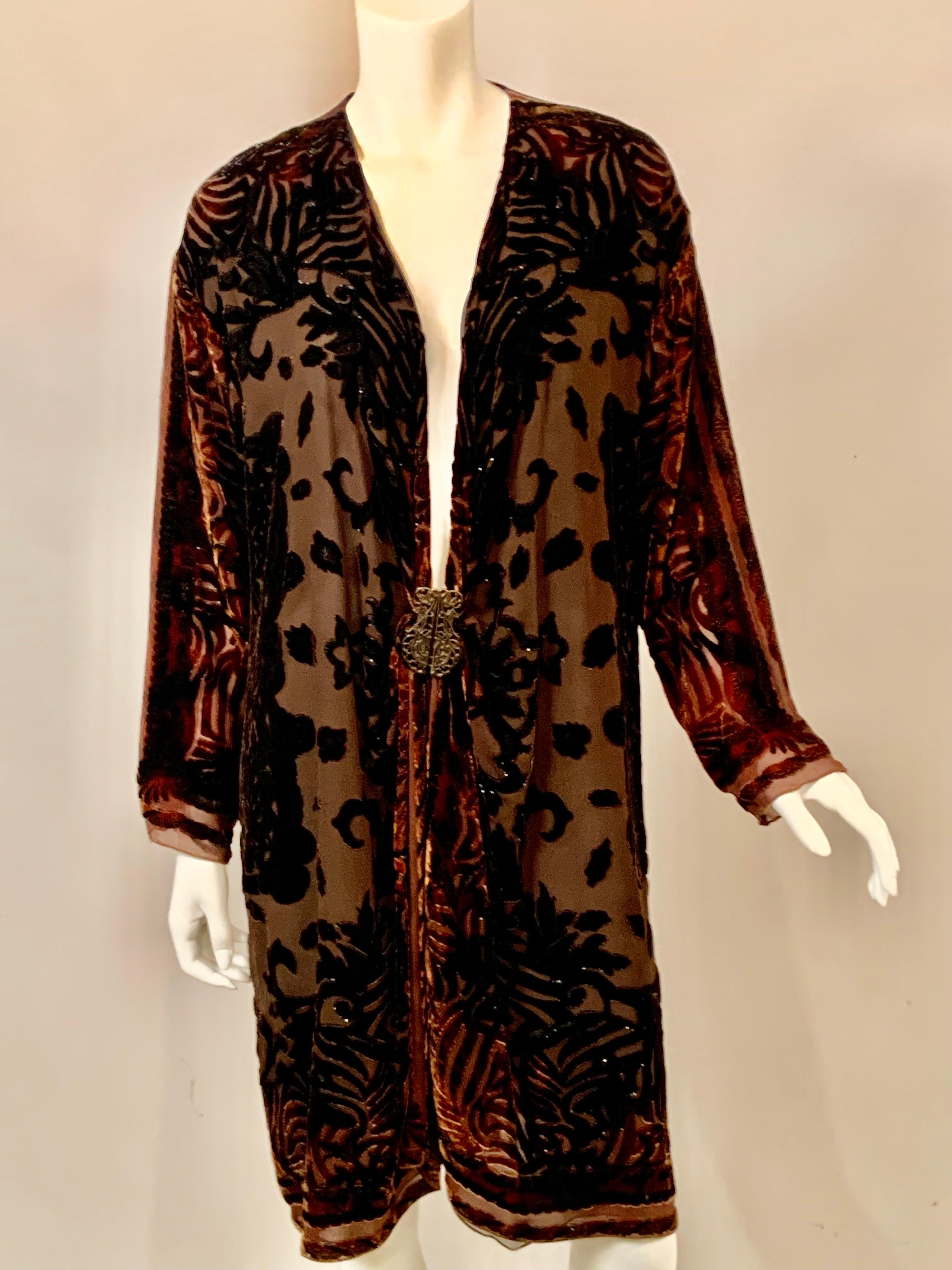 Textile Artist Marion Clayden 1970's Chocolate Brown Devore Velvet Coat or Dress In Excellent Condition For Sale In New Hope, PA