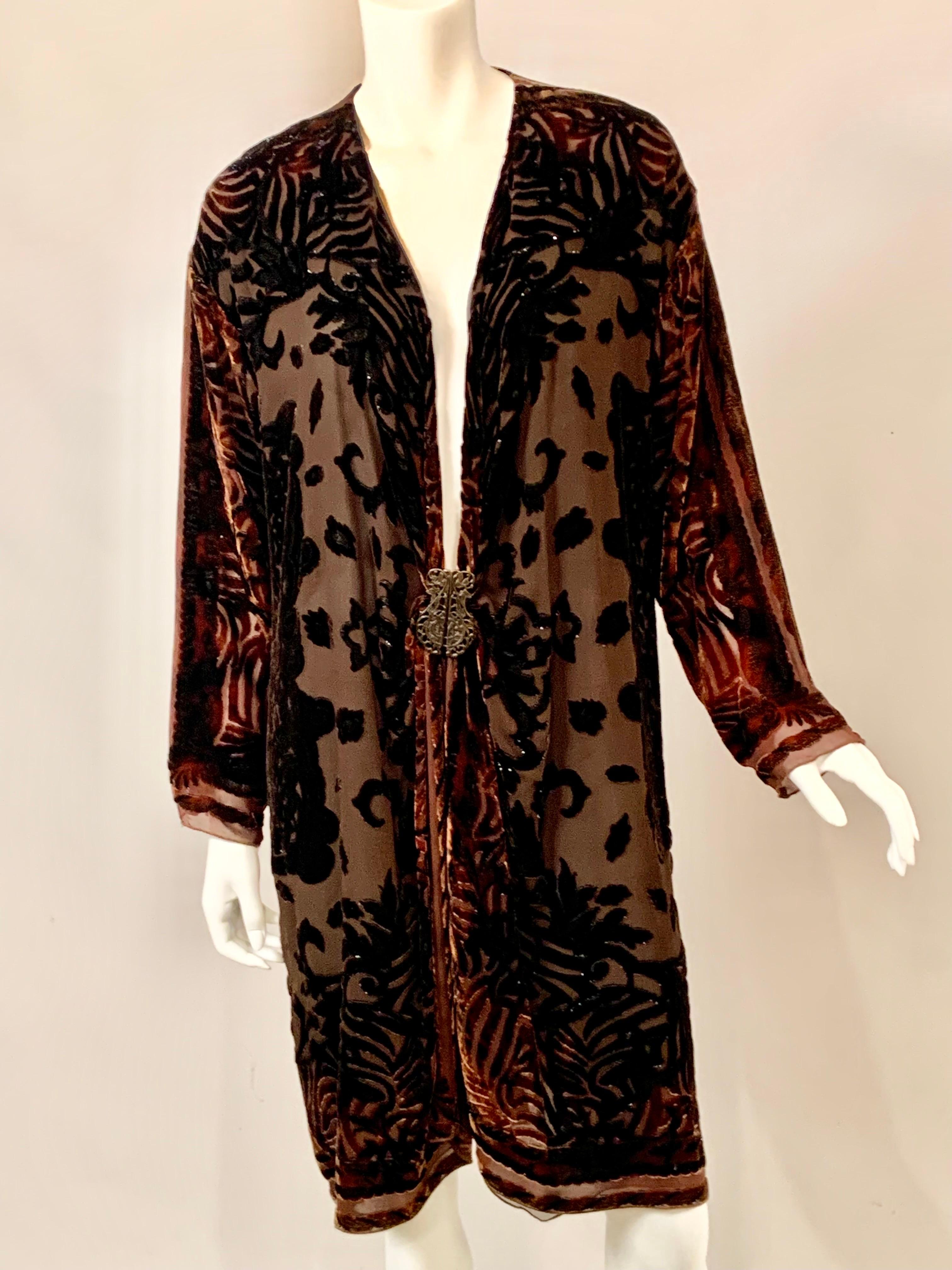 Women's or Men's Textile Artist Marion Clayden 1970's Chocolate Brown Devore Velvet Coat or Dress For Sale