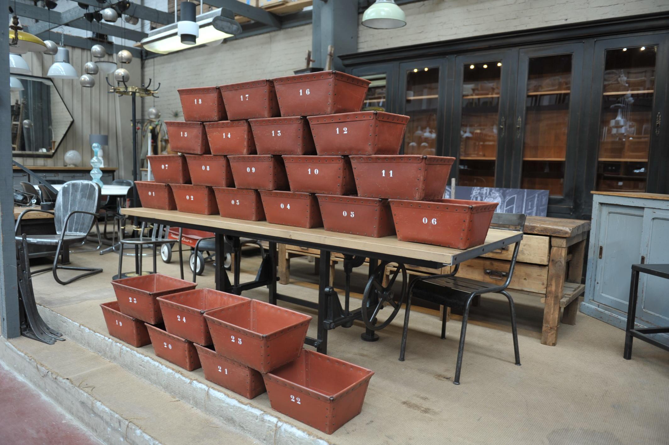 Textile Factory Industrial boxes by manufacturer Suroy (North of France) in dark red very strong boiled cardboard with rivets and iron circa 1950 sold minimum by 4 boxes.