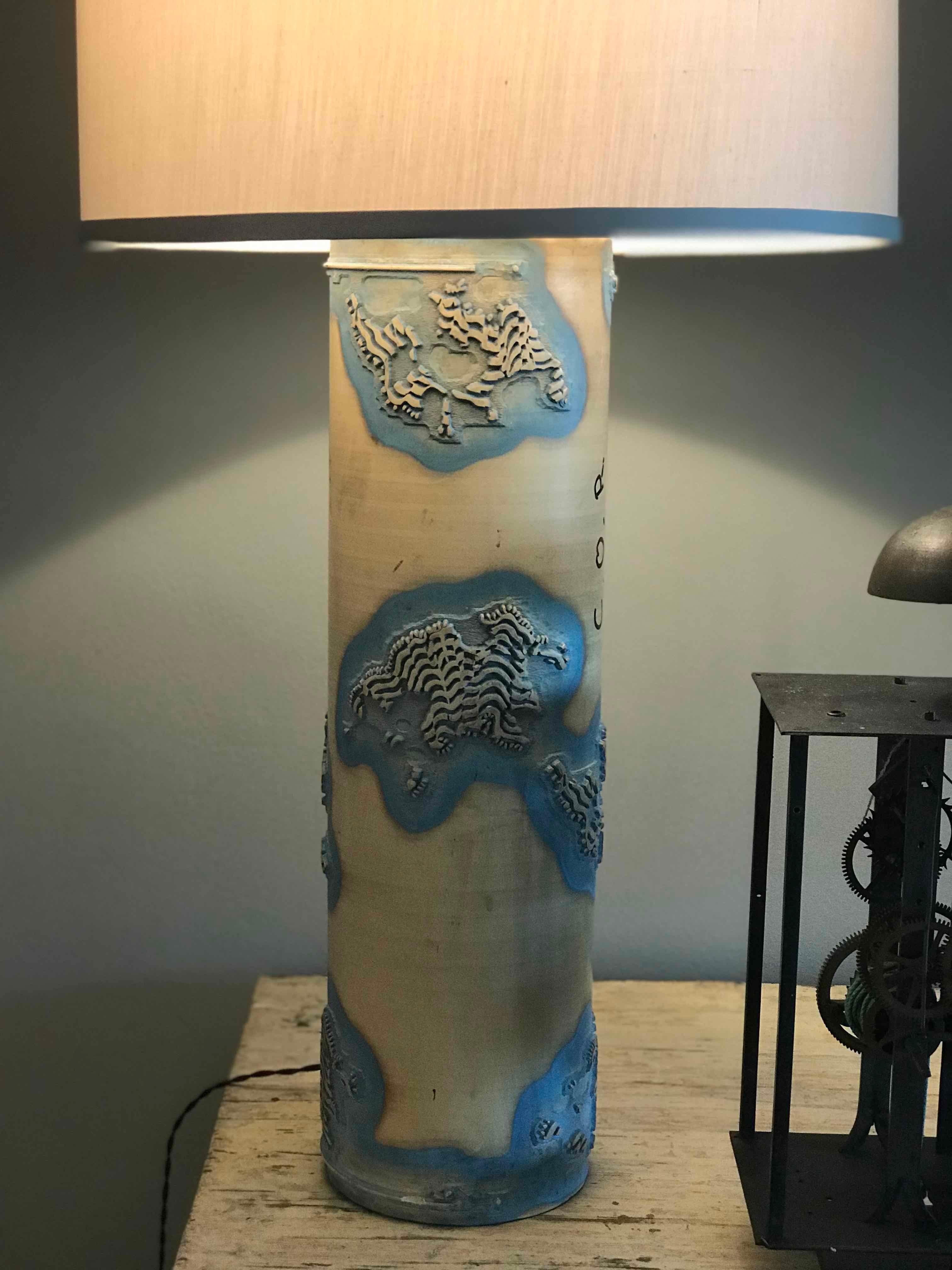 Textile print roll as lamp from France with custom shade.