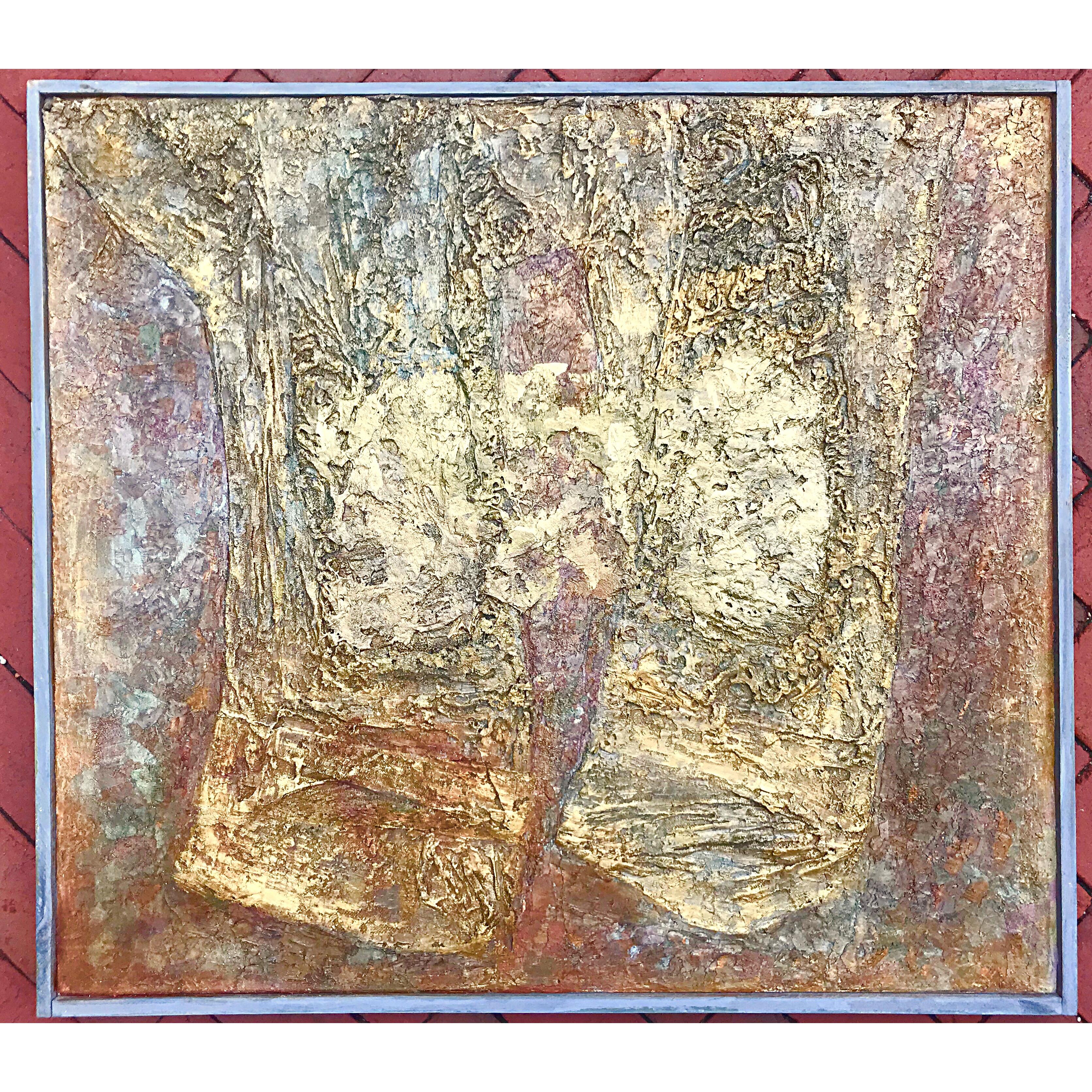 Wonderful abstract modernist painting from France, 1960s. Heavy impasto surface with deep gold and bronze tones.