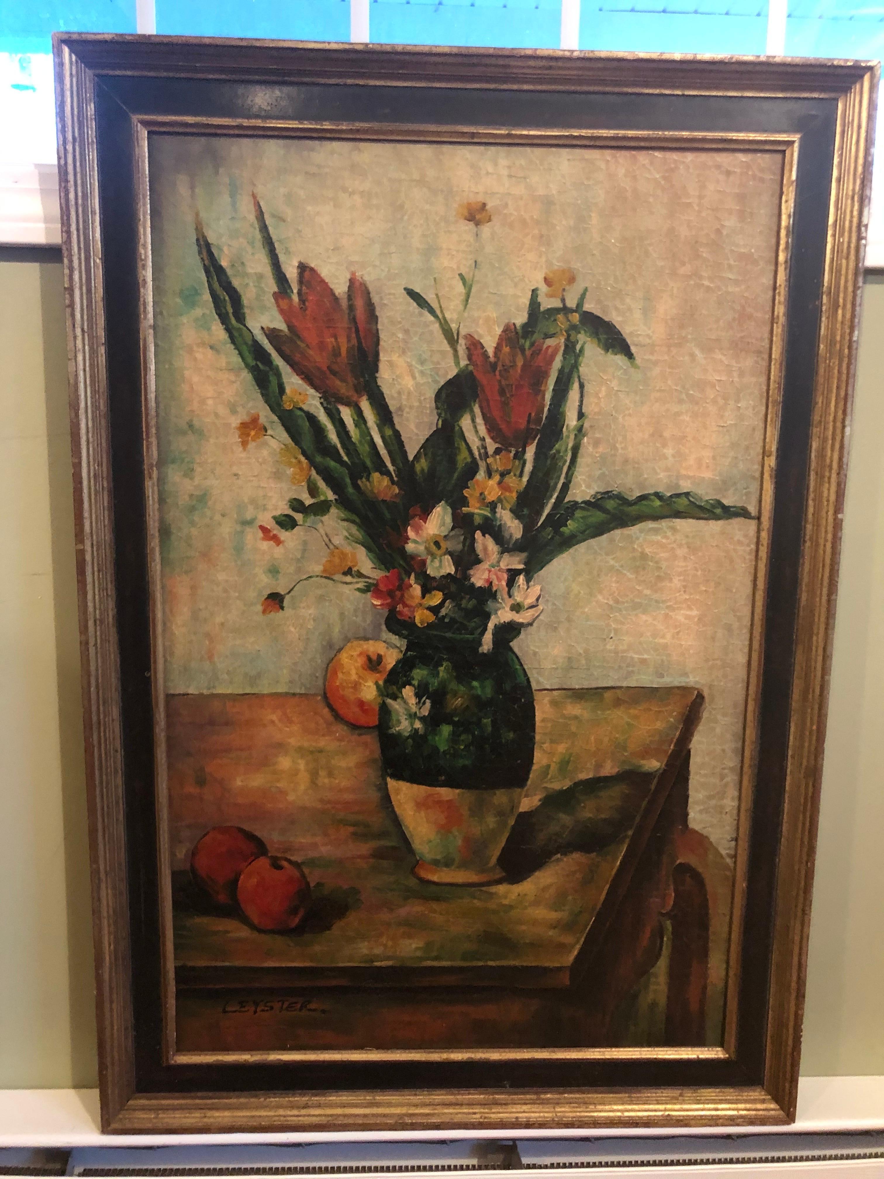 Textural Floral and Fruit Still Life Signed Leyster. Oil on Board in the style of Cezanne. Solid wooden frame. Perfect classical piece for that fine dining room or hallway entry. Please confirm dimensions prior to purchase.