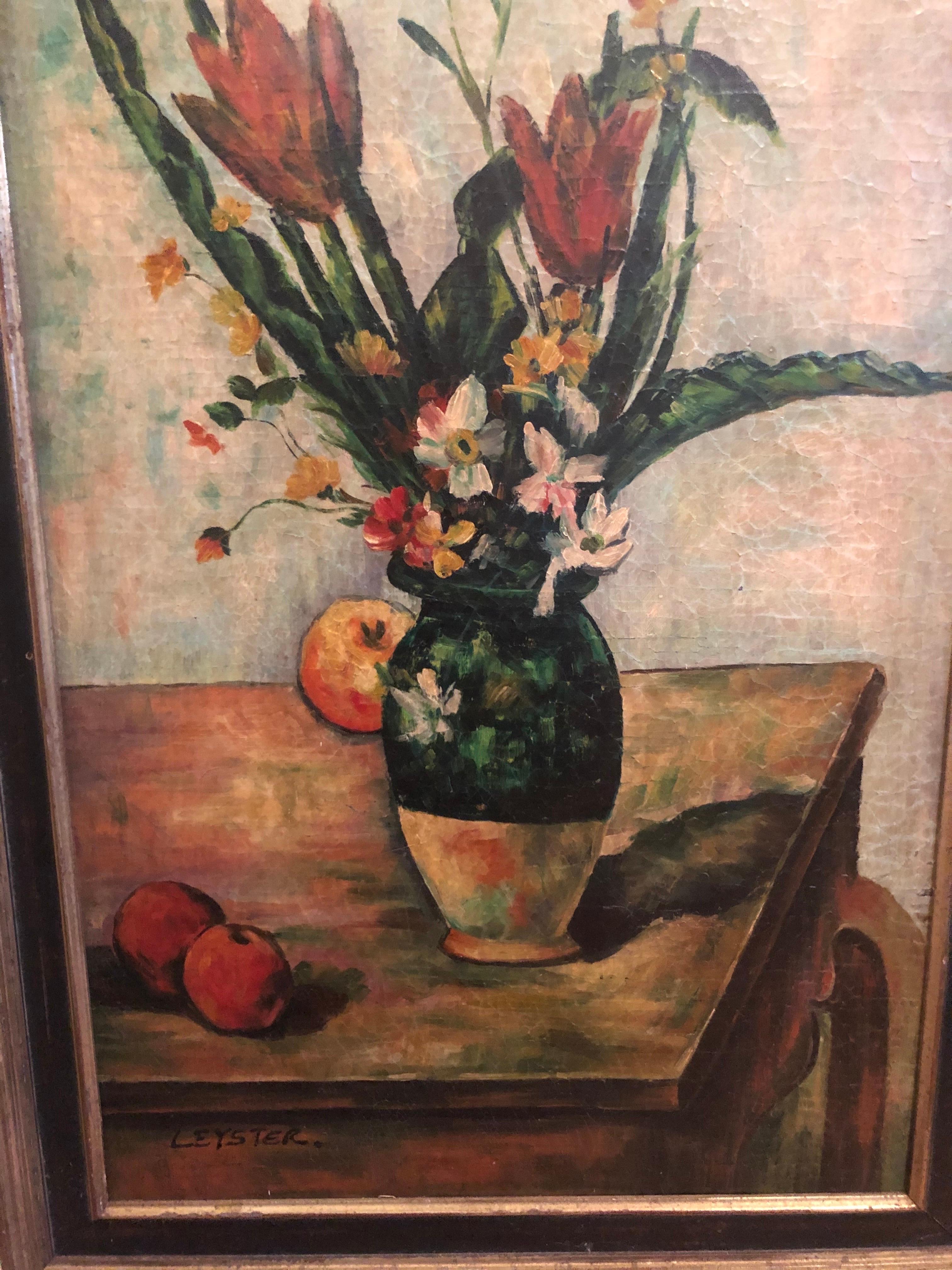 Textural Floral and Fruit Still Life Signed Leyster In Good Condition For Sale In Redding, CT