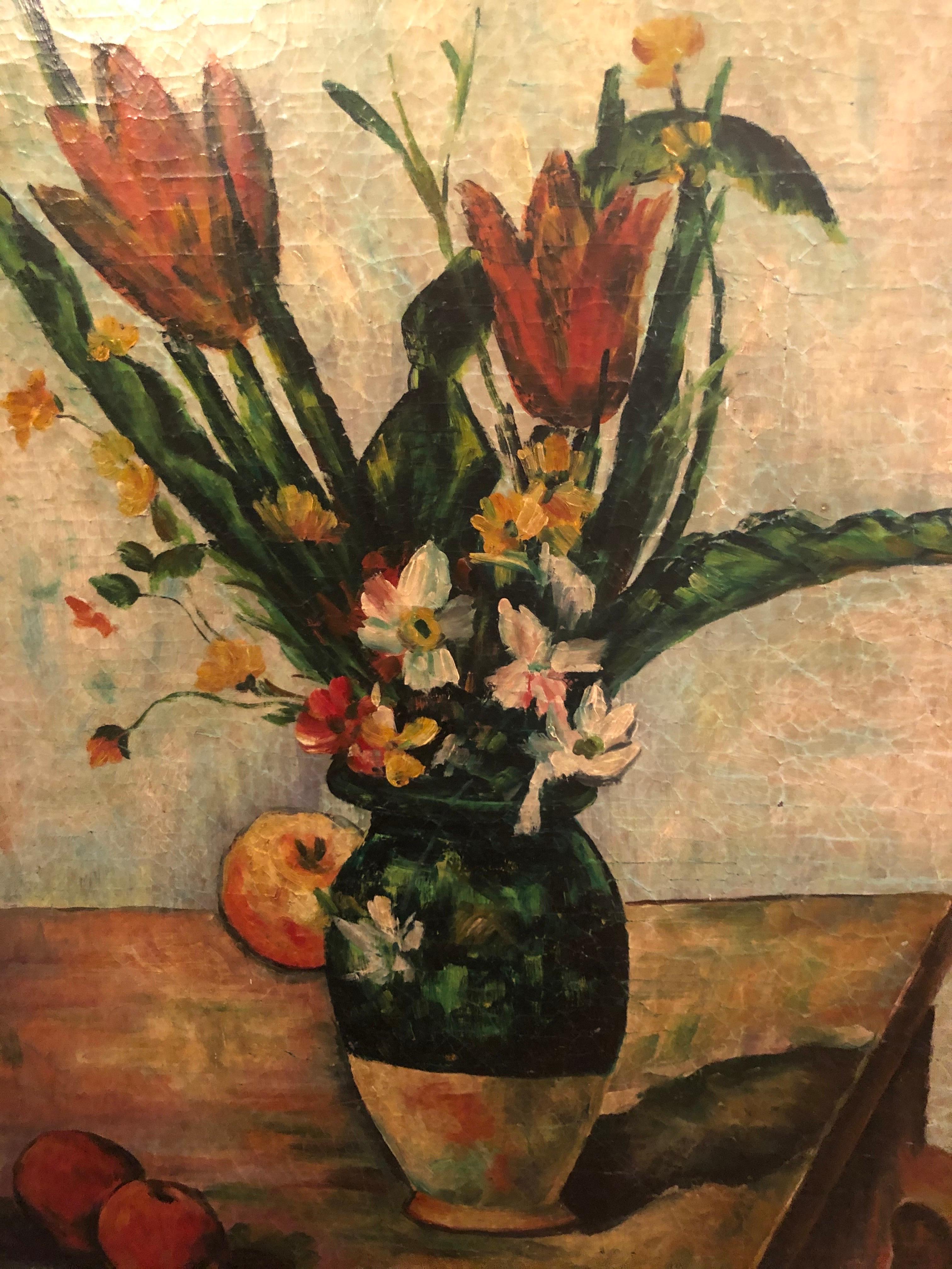 Mid-20th Century Textural Floral and Fruit Still Life Signed Leyster For Sale