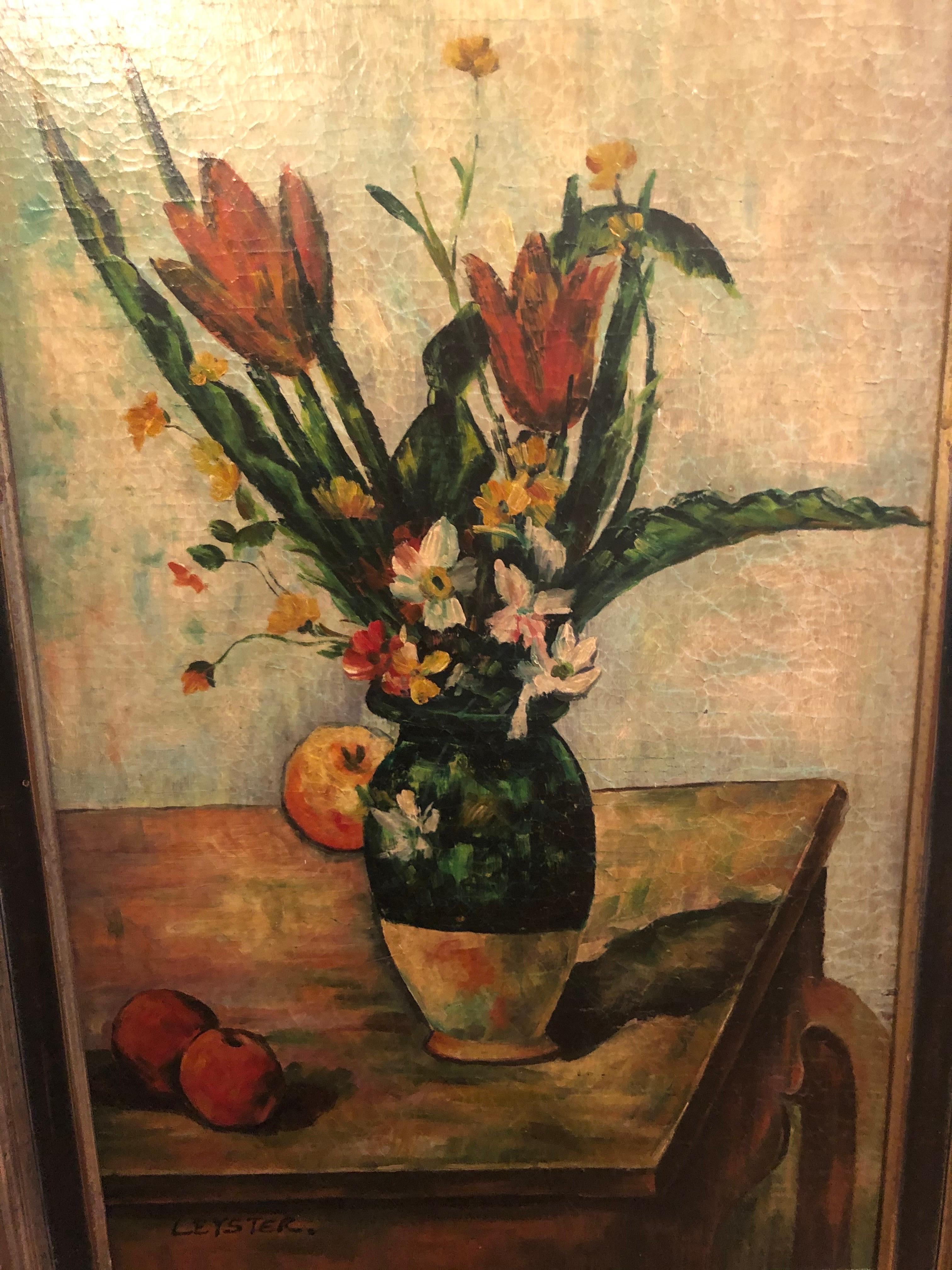 Textural Floral and Fruit Still Life Signed Leyster For Sale 1