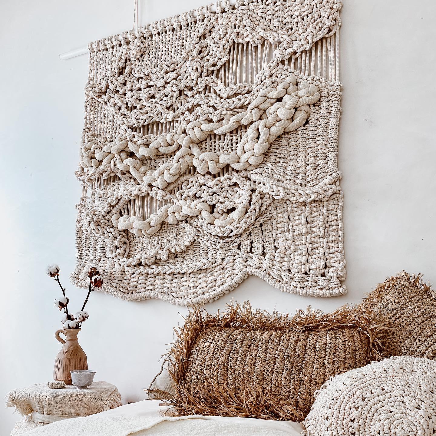 Extreme Macrame Wall Art made combining different traditional textiles like weaving and macrame.
This tapestry was delicately hand knotted with natural materials for a Eco-Friendly Home Living in my home studio based in Galicia (Spain)

Our homes