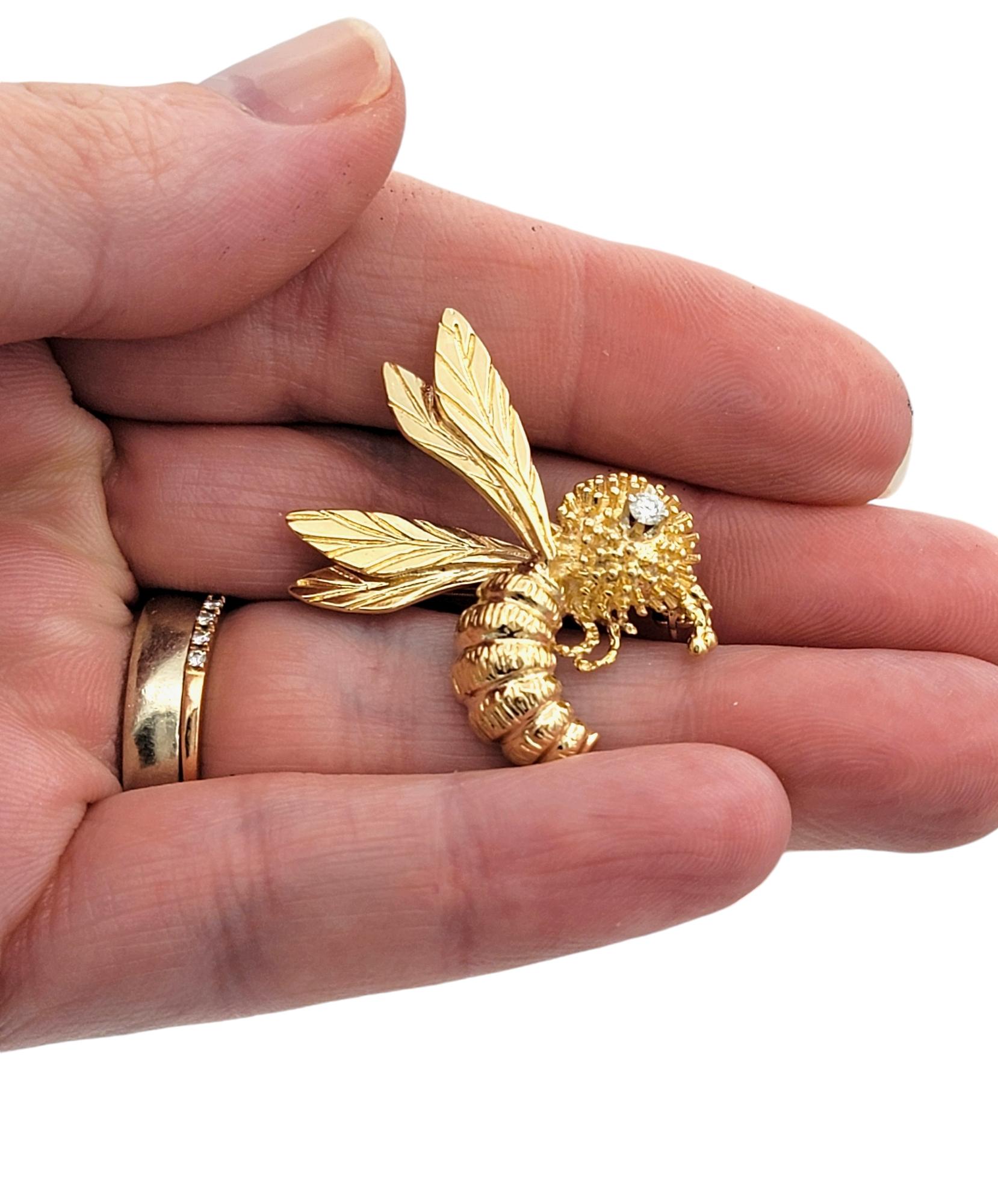Women's or Men's Textured 14 Karat Yellow Gold Honey Bee Brooch / Pin with Diamond Eye For Sale
