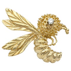 Strukturierte 14 Karat Gelbgold Honey Biene Brosche / Pin mit Diamant Auge