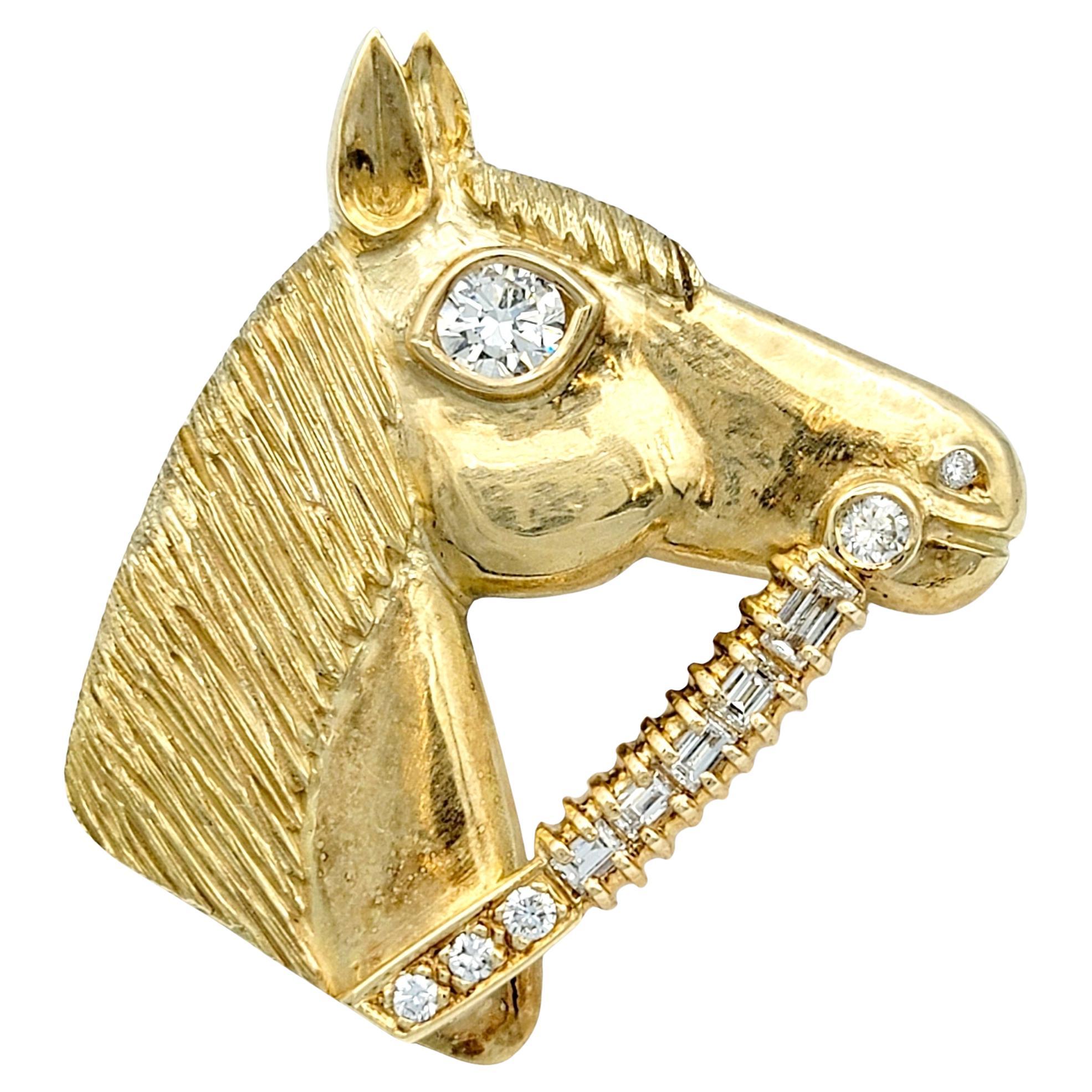 Textured 14 Karat Yellow Gold Horse Head Profile Brooch / Pendant with Diamonds