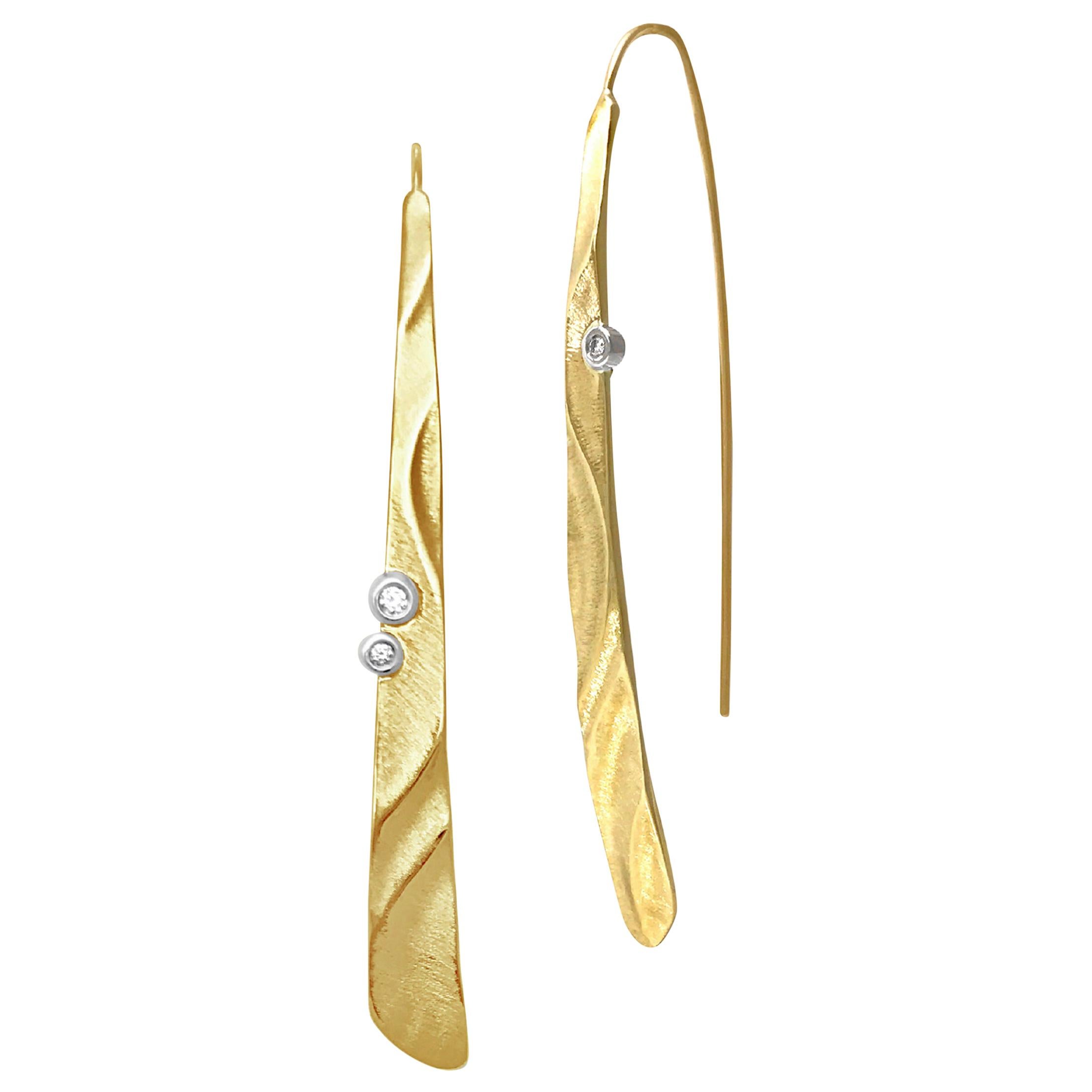 Textured 14 Karat Yellow Gold Long Puzzle Earrings with Diamond Accents For Sale