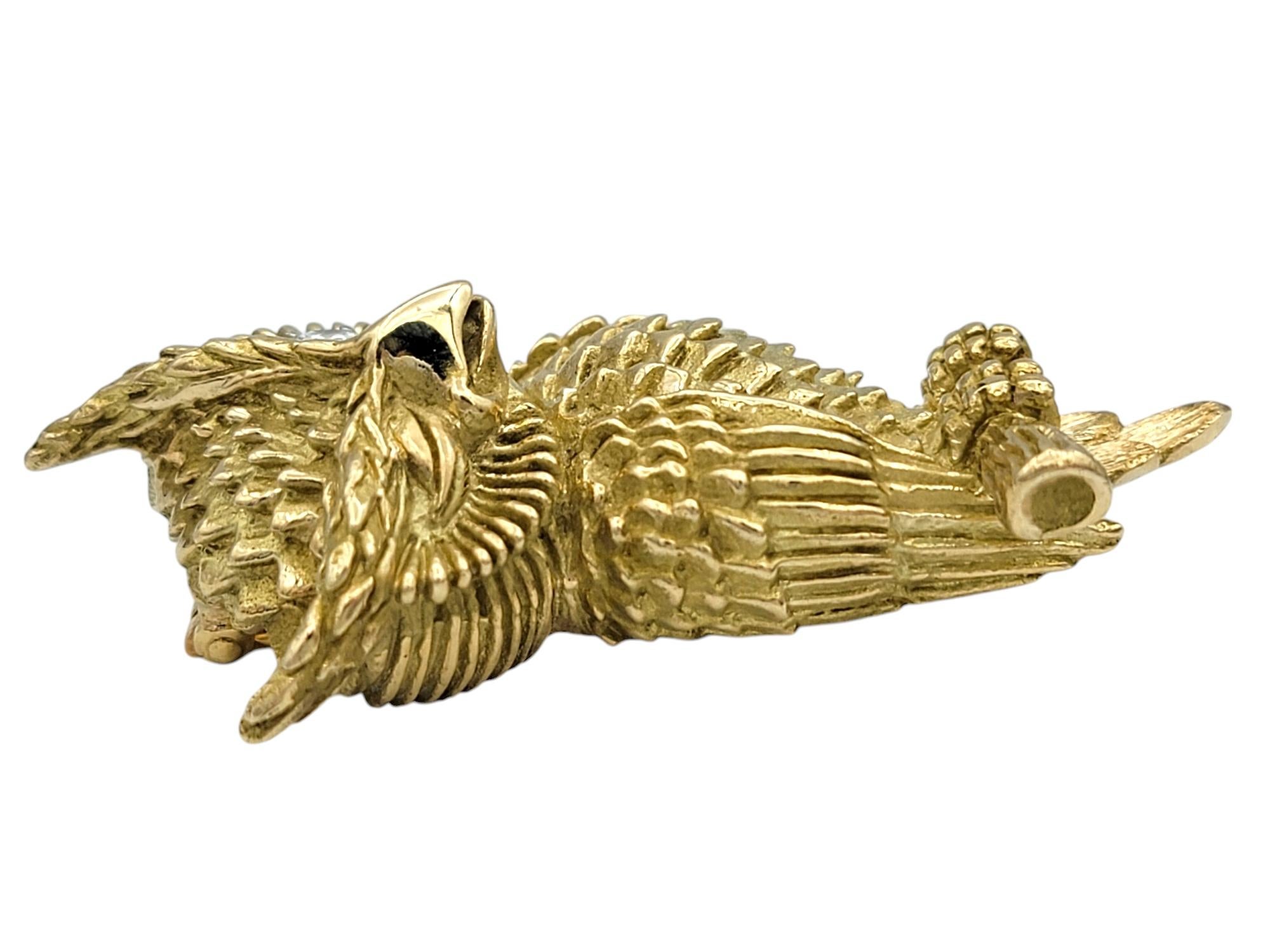 Round Cut Textured 14 Karat Yellow Gold Winking Owl Brooch with Round Diamond Eye For Sale