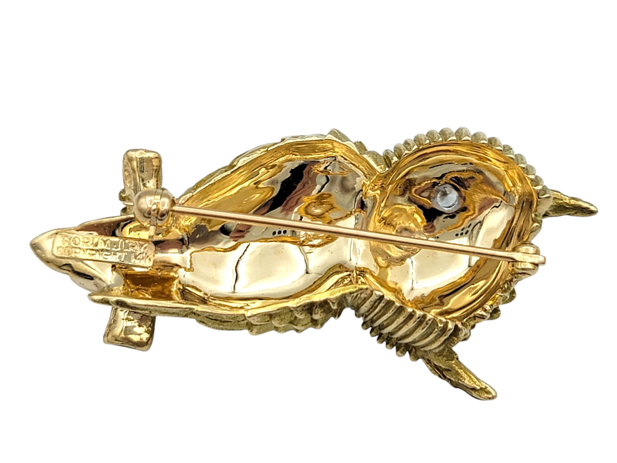 Textured 14 Karat Yellow Gold Winking Owl Brooch with Round Diamond Eye In Good Condition For Sale In Scottsdale, AZ