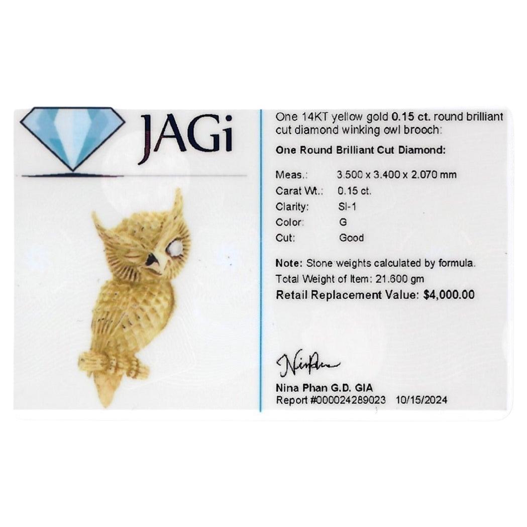 Textured 14 Karat Yellow Gold Winking Owl Brooch with Round Diamond Eye For Sale 2