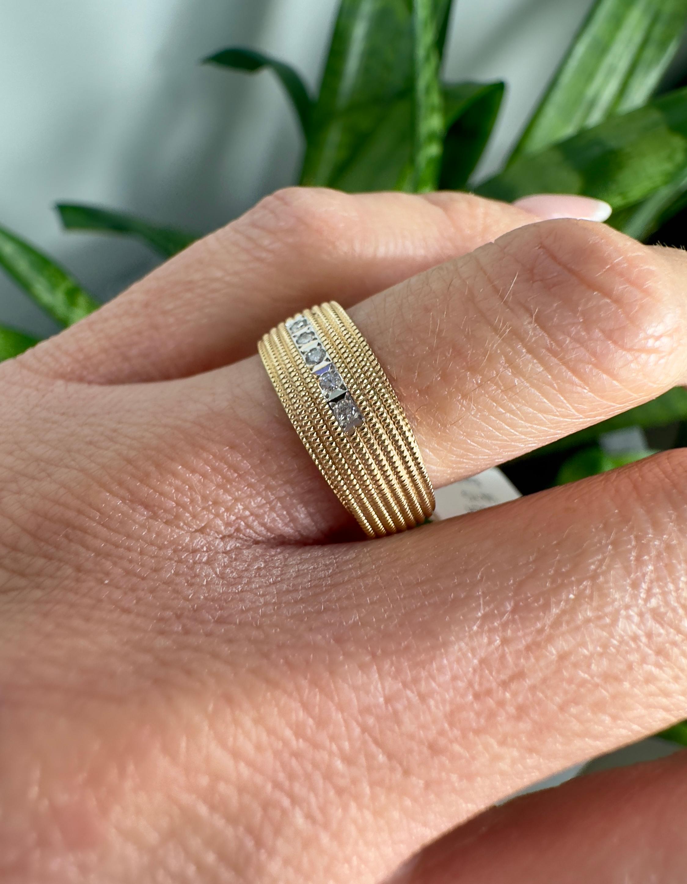 Women's or Men's Textured 14K Yellow Gold 0.05CT Diamond Band For Sale