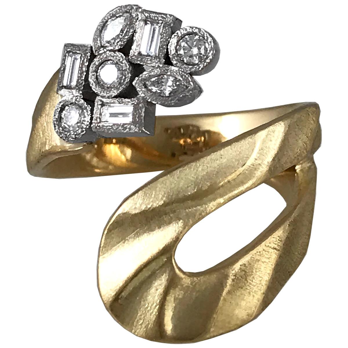 Textured 18 Karat Gold Open Ring-Multi Shape Diamonds in 18 Karat Gold Bezels For Sale