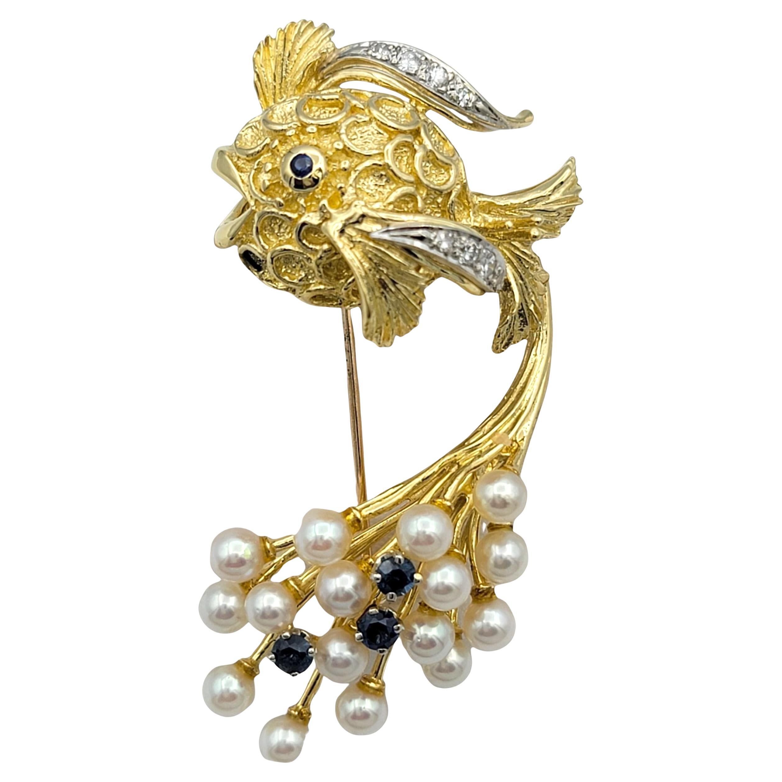 Textured 18 Karat Gold Puffer Fish Brooch with Blue Sapphire, Diamond and Pearl