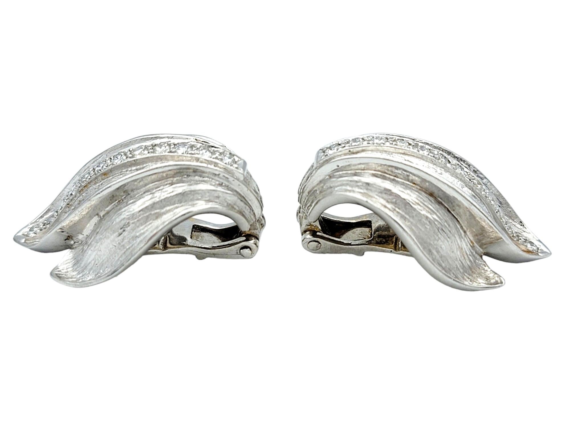 Contemporary Textured 18 Karat White Gold Flame Motif Clip-On Earrings with Diamonds, F / VS For Sale