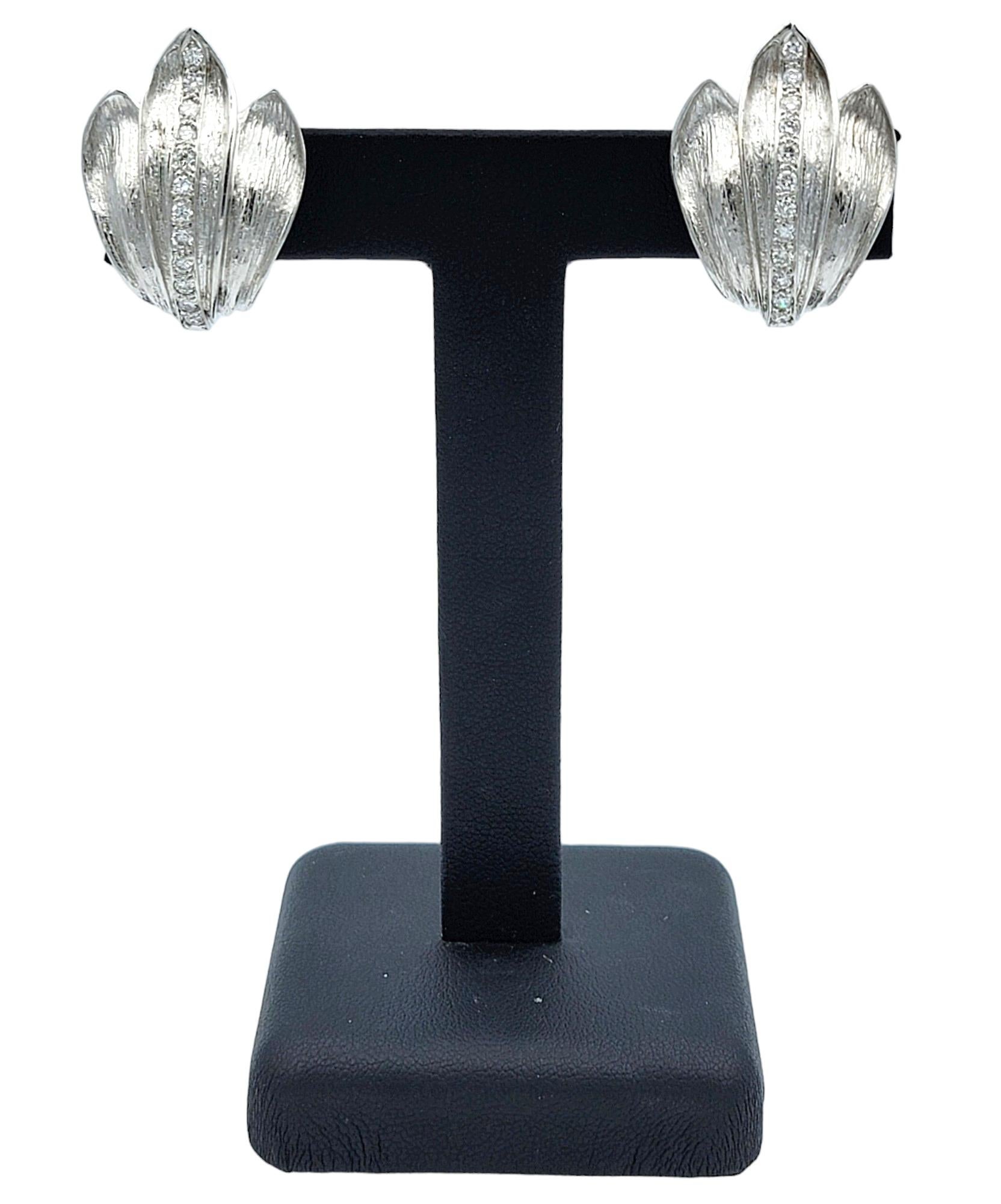 Women's Textured 18 Karat White Gold Flame Motif Clip-On Earrings with Diamonds, F / VS For Sale