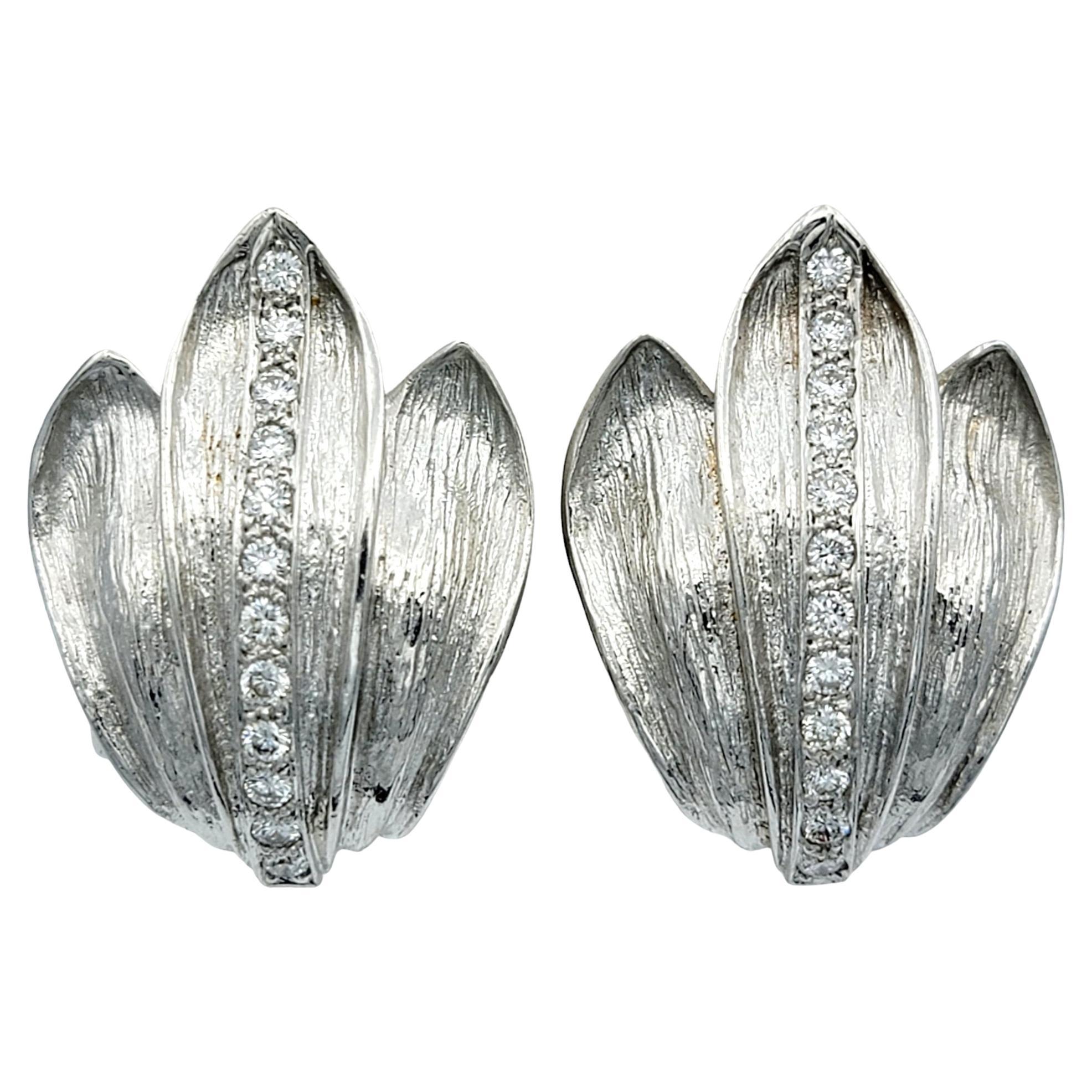 Textured 18 Karat White Gold Flame Motif Clip-On Earrings with Diamonds, F / VS