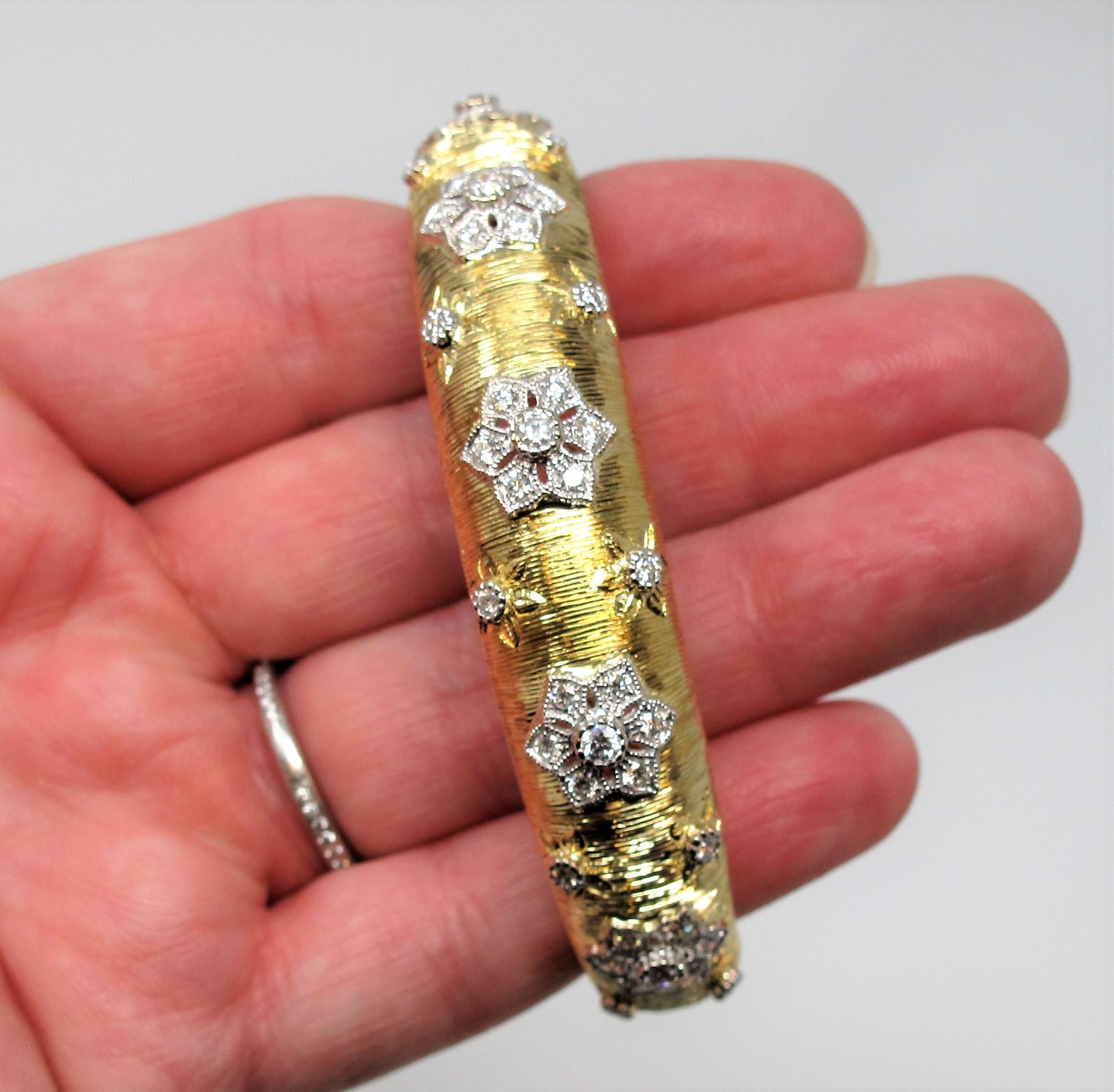 Women's Textured 18 Karat Yellow Gold Diamond Flower Bangle Bracelet 1.55 Carat Total For Sale