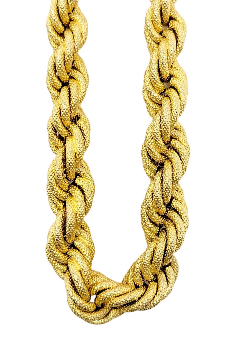 Textured 18 Karat Yellow Gold Heavy Graduated Rope Link Necklace For