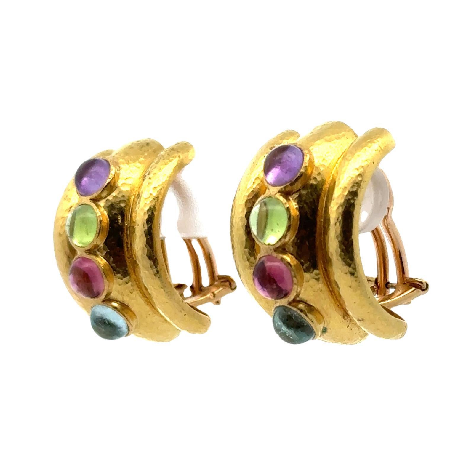 Modern Textured 18 Karat Yellow Gold Multi-Color Gemstone Retractable Post Earrings