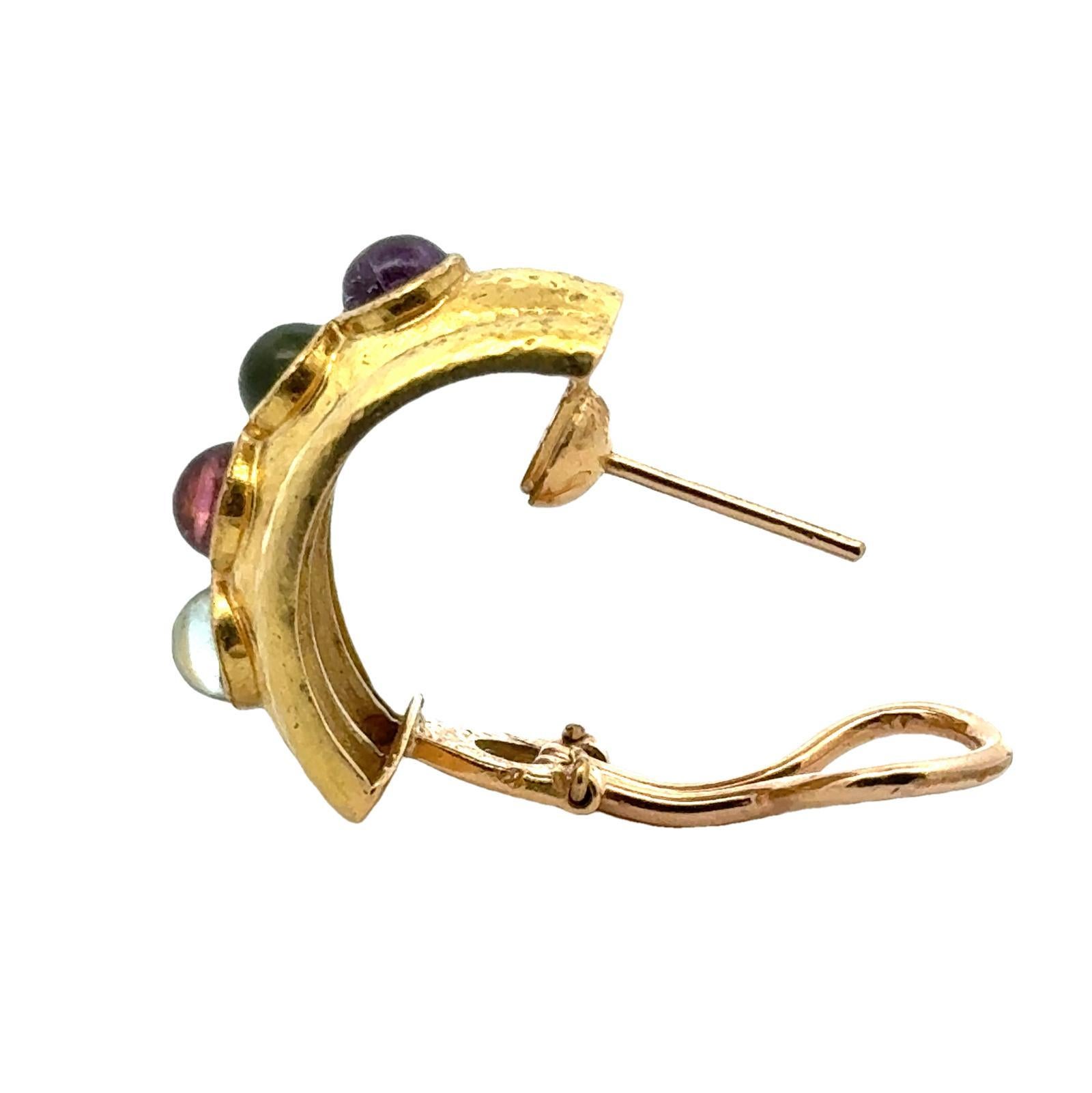 Cabochon Textured 18 Karat Yellow Gold Multi-Color Gemstone Retractable Post Earrings