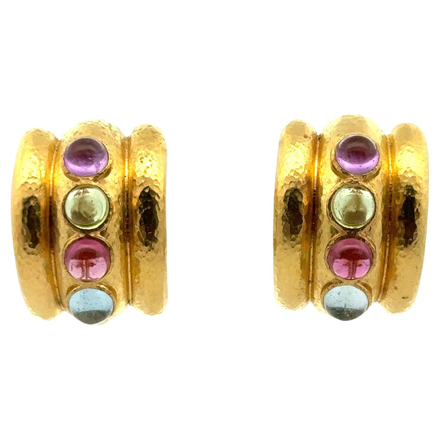 Textured 18 Karat Yellow Gold Multi-Color Gemstone Retractable Post Earrings