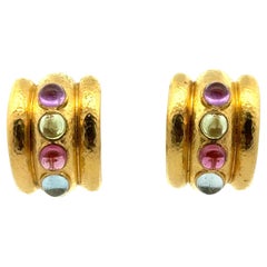 Textured 18 Karat Yellow Gold Multi-Color Gemstone Retractable Post Earrings