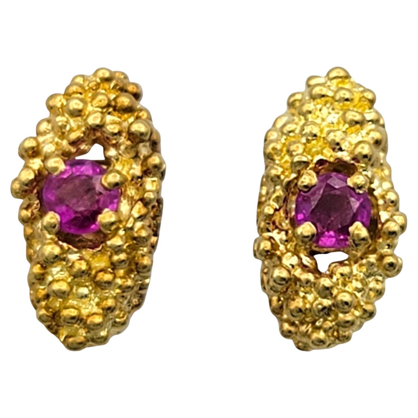 Textured 18 Karat Yellow Gold Stud Earrings with Round Natural Rubies