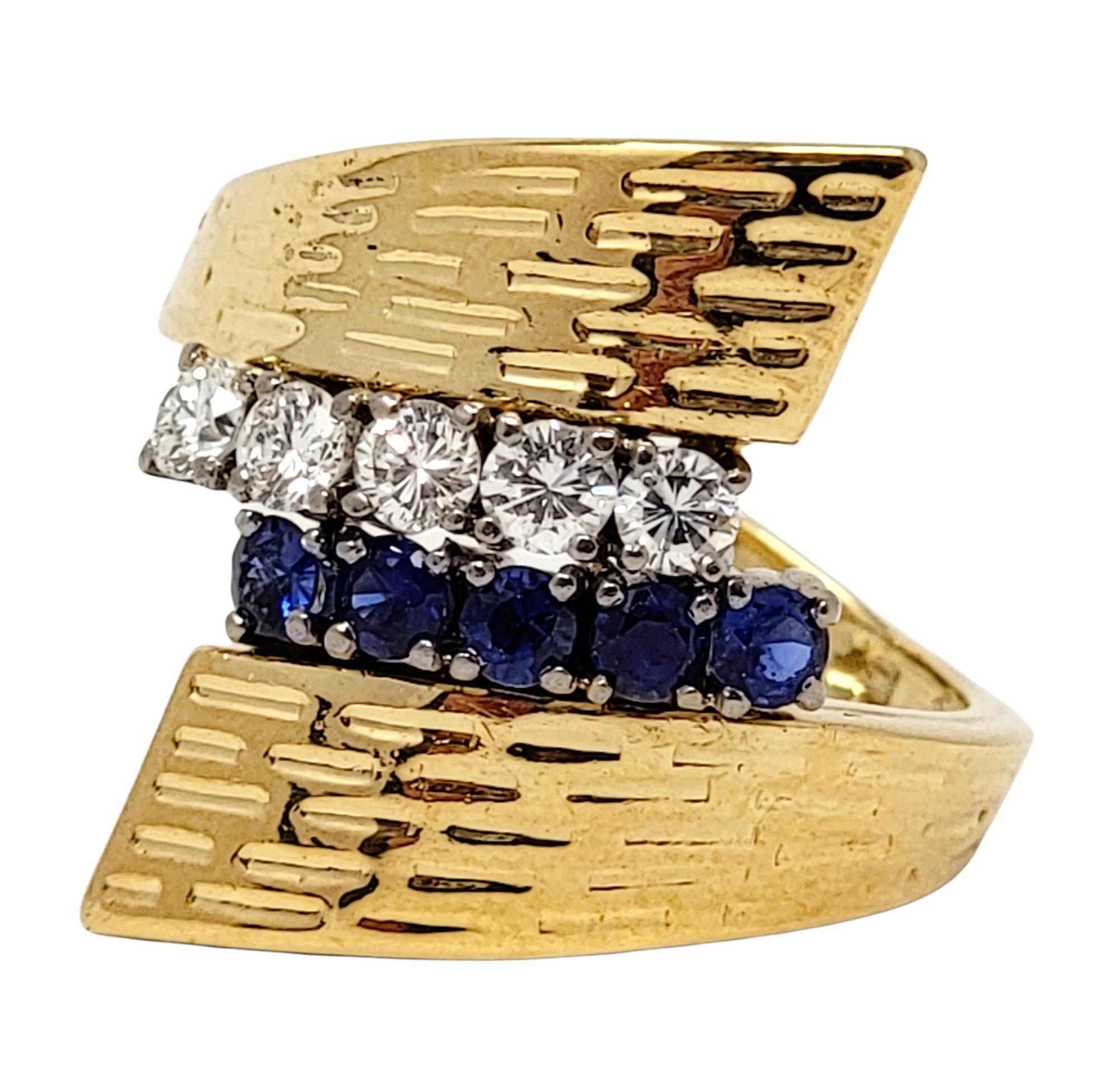 Textured 18 Karat Yellow Gold Wrap Ring with Natural Sapphires and Diamonds For Sale 4