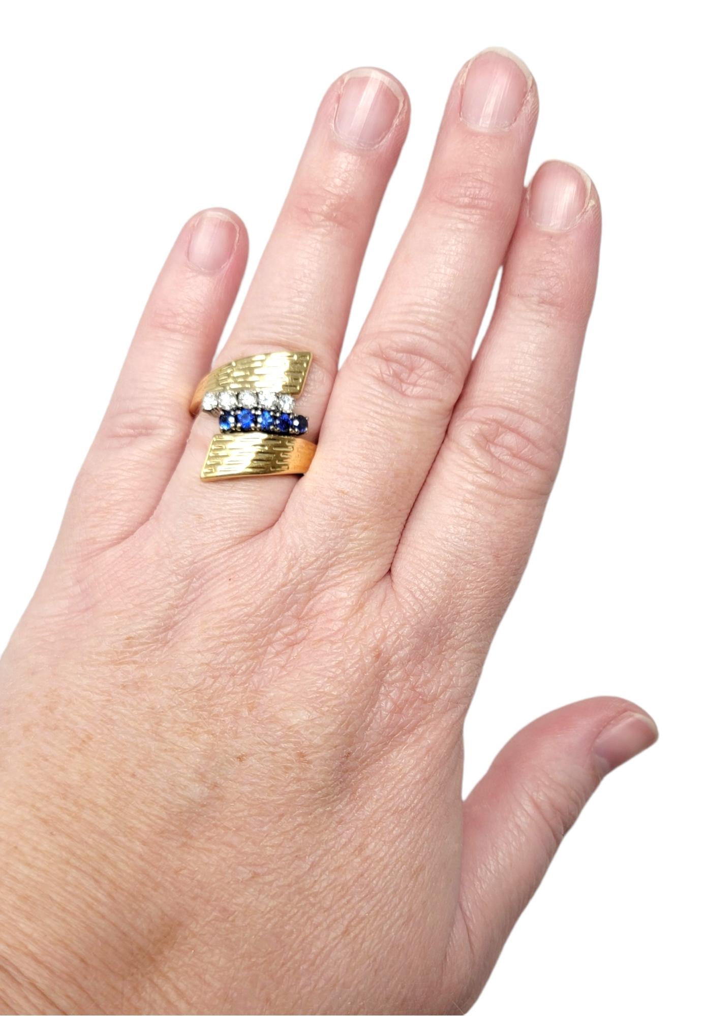Textured 18 Karat Yellow Gold Wrap Ring with Natural Sapphires and Diamonds For Sale 11